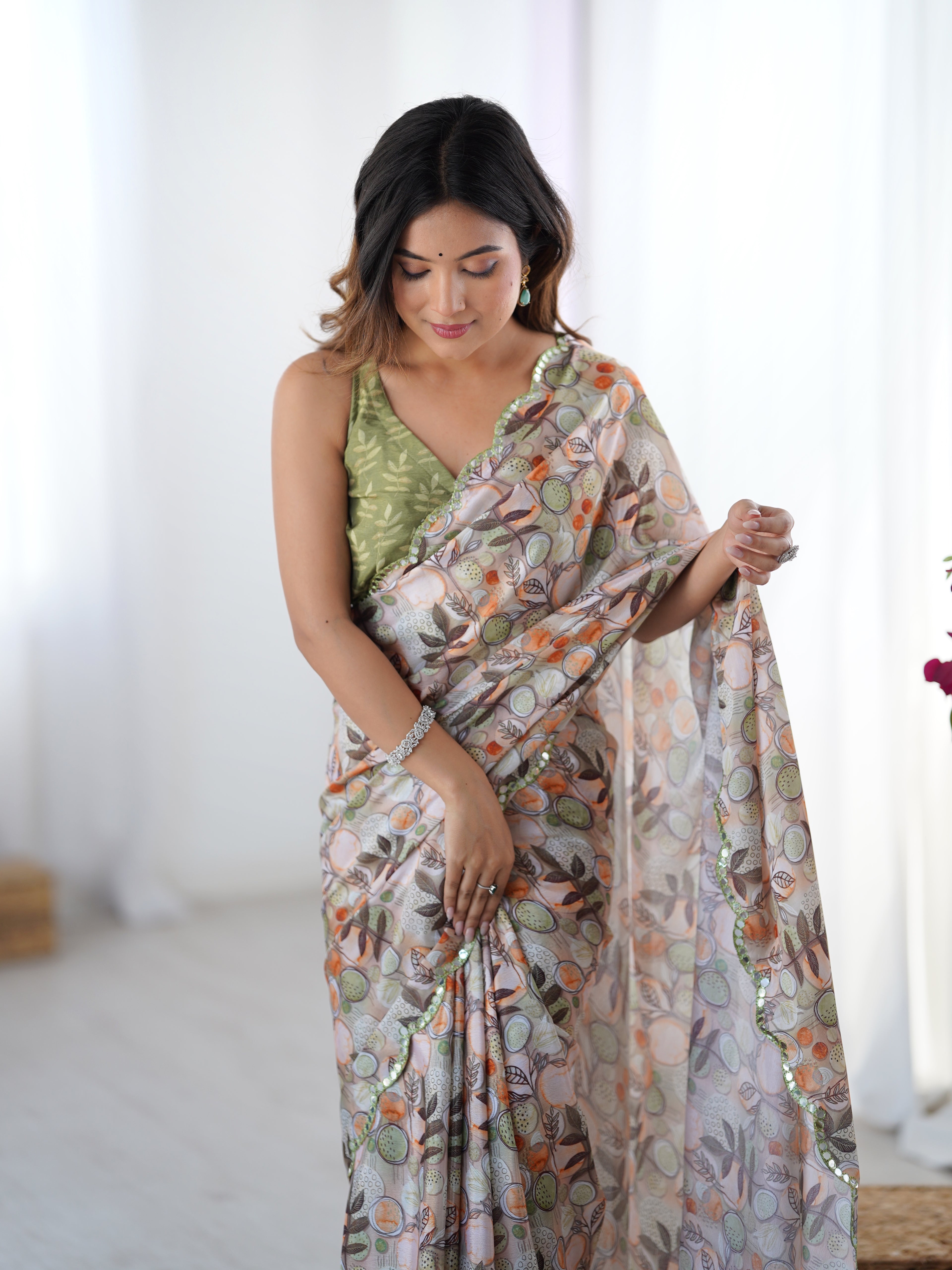 Ivory Meadow Chinon Party Wear Saree | Designer Digital Printed with Mirror Cut Work