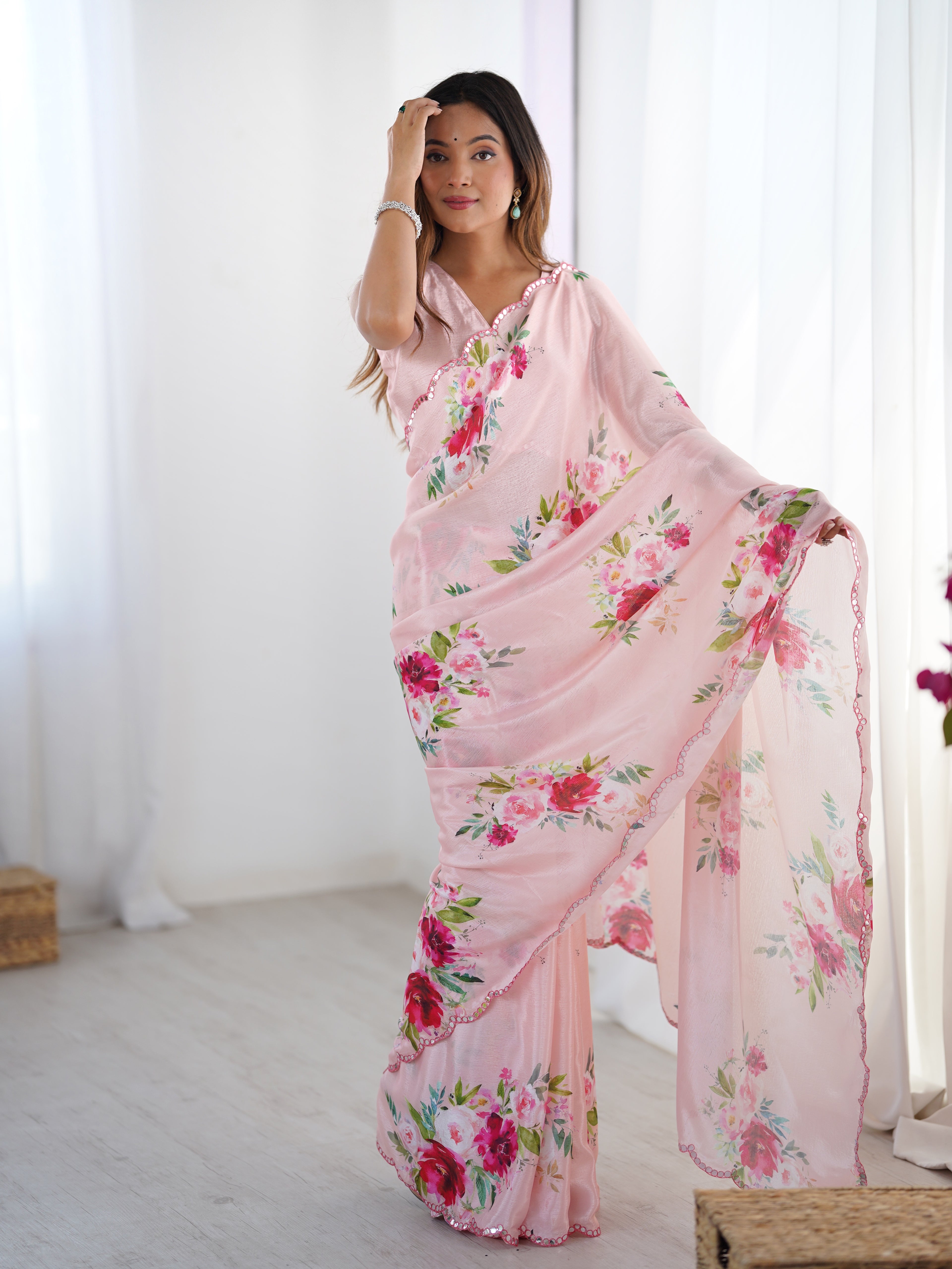 Blush Beauty Chinon Party Wear Saree | Designer Digital Printed with Mirror Cut Work