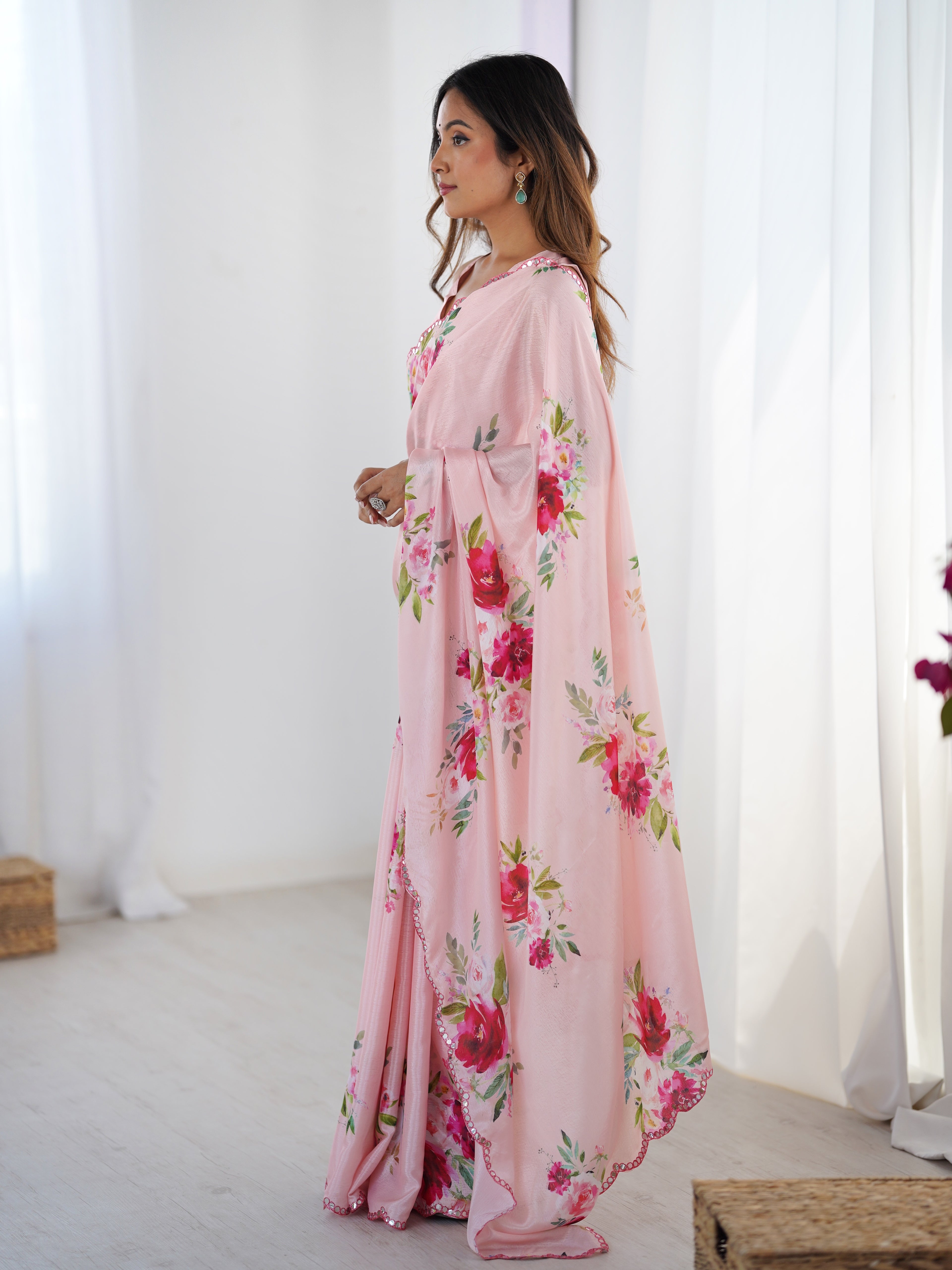 Blush Beauty Chinon Party Wear Saree | Designer Digital Printed with Mirror Cut Work