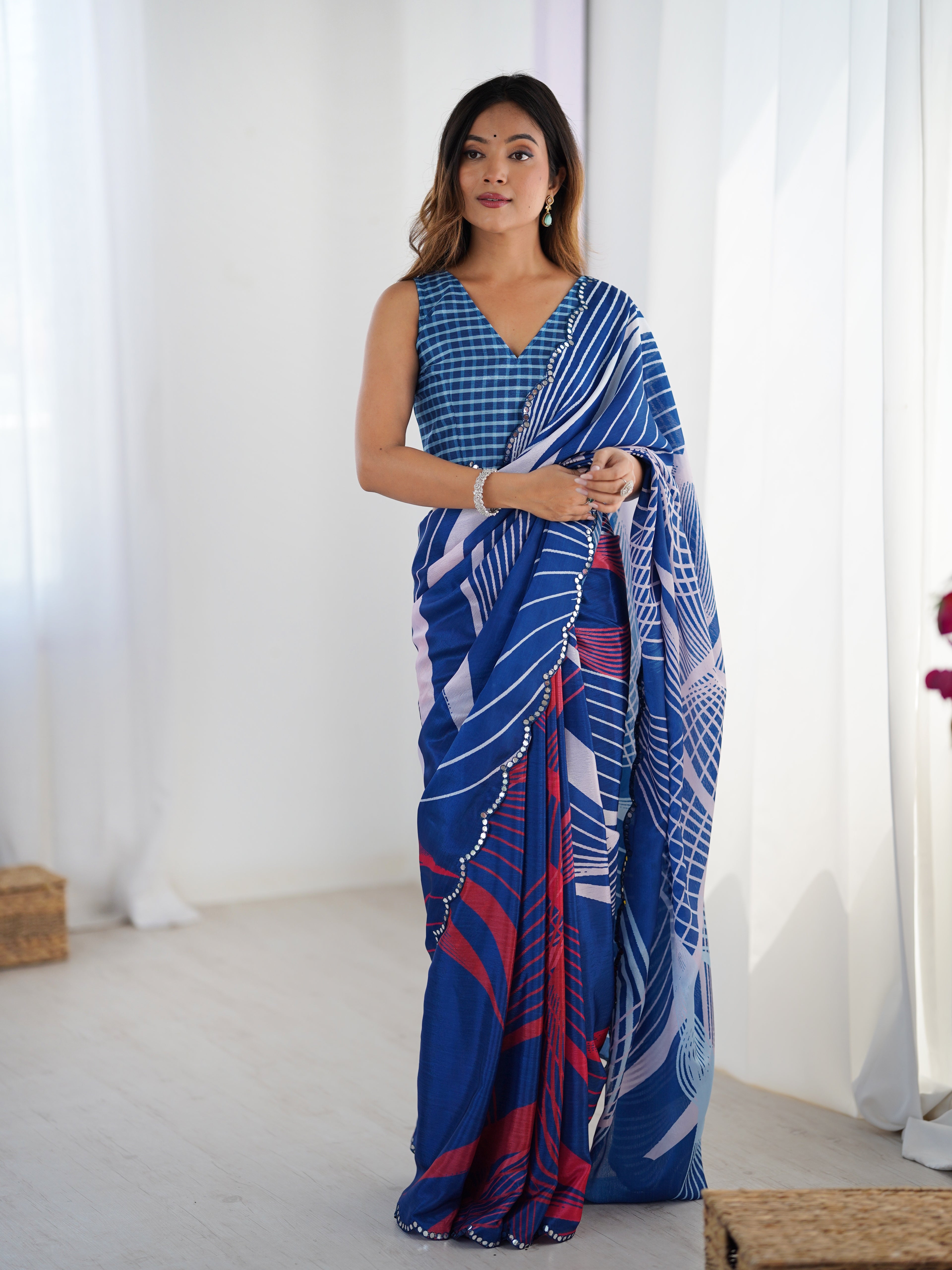 Sapphire Serenity Chinon Party Wear Saree | Designer Digital Printed with Mirror Cut Work