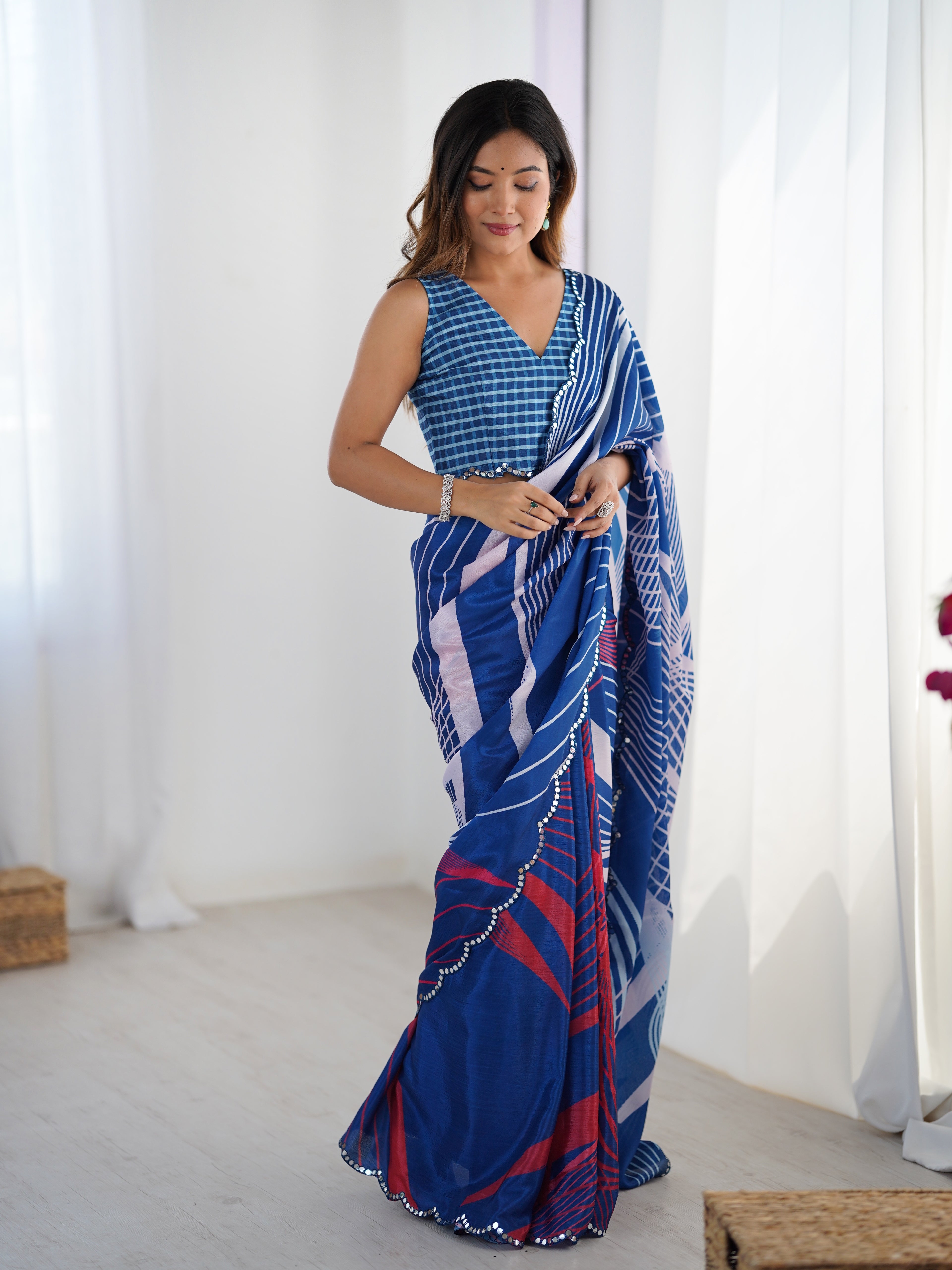 Sapphire Serenity Chinon Party Wear Saree | Designer Digital Printed with Mirror Cut Work