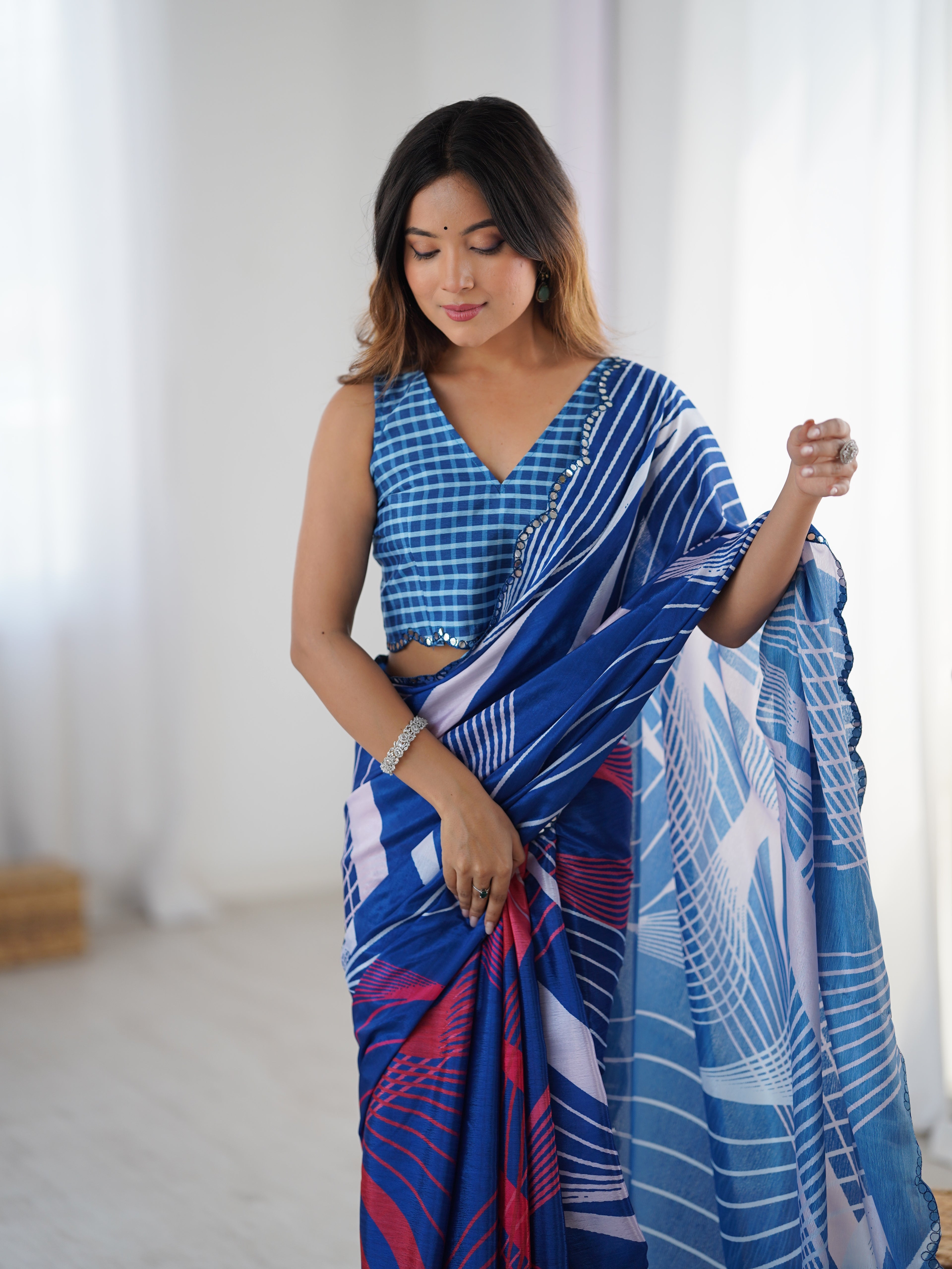 Sapphire Serenity Chinon Party Wear Saree | Designer Digital Printed with Mirror Cut Work