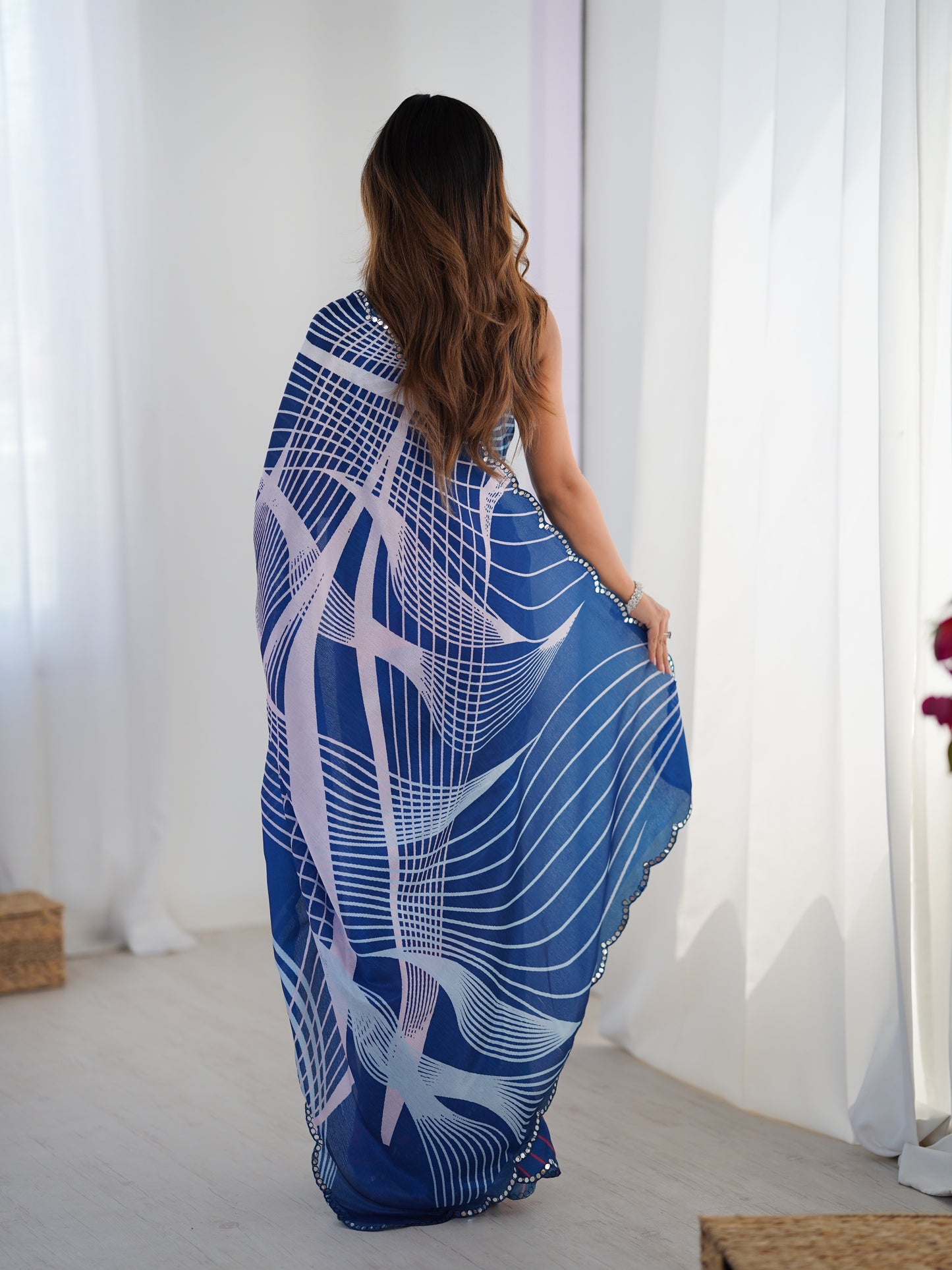 Ocean Breeze Chinon Party Wear Saree | Designer Digital Printed with Mirror Cut Work