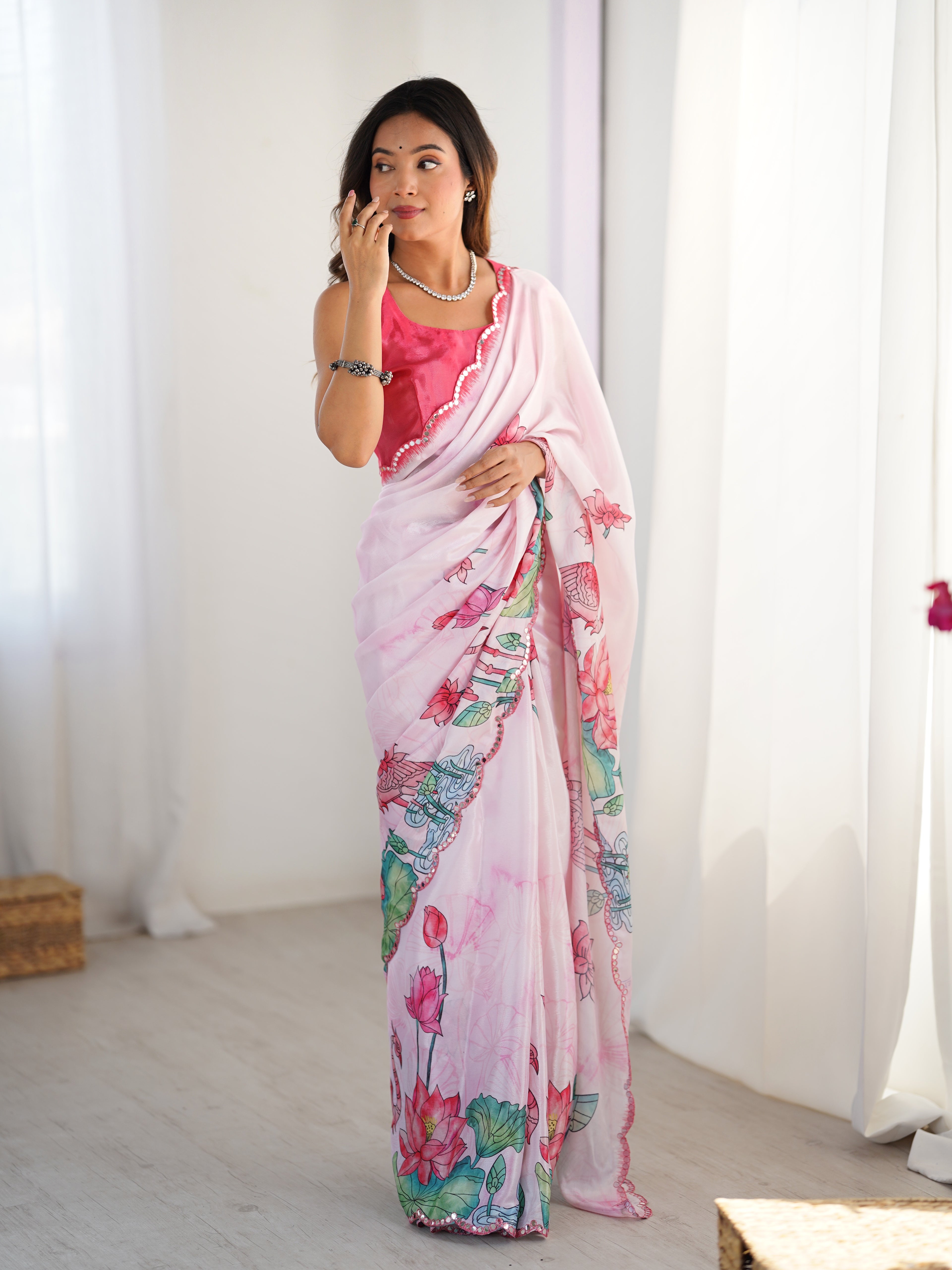 Ivory Sunset Chinon Party Wear Saree | Designer Digital Printed with Mirror Cut Work