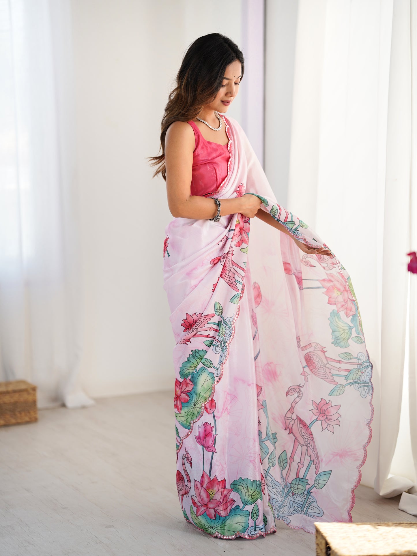 Ivory Sunset Chinon Party Wear Saree | Designer Digital Printed with Mirror Cut Work