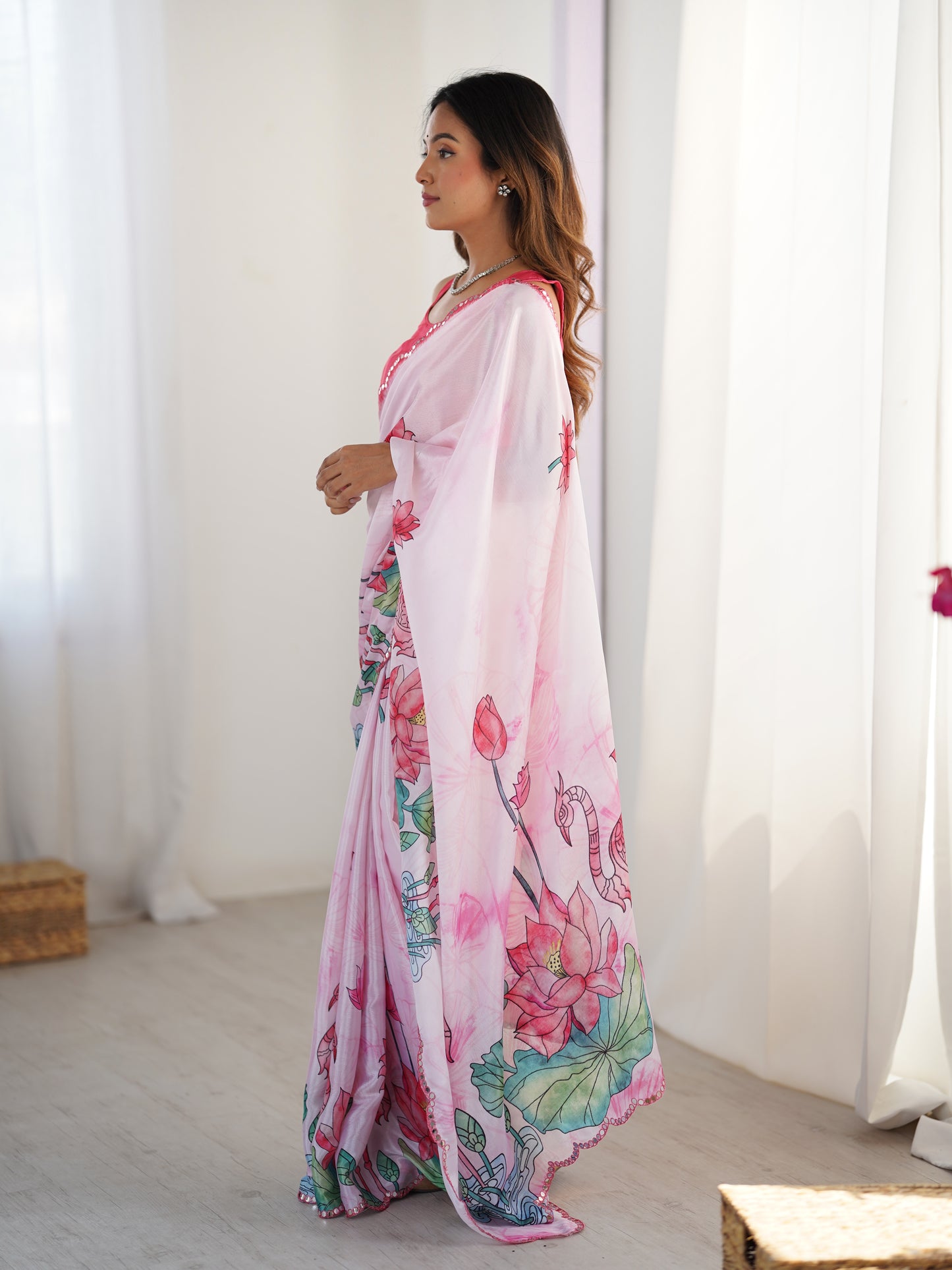 Ivory Sunset Chinon Party Wear Saree | Designer Digital Printed with Mirror Cut Work