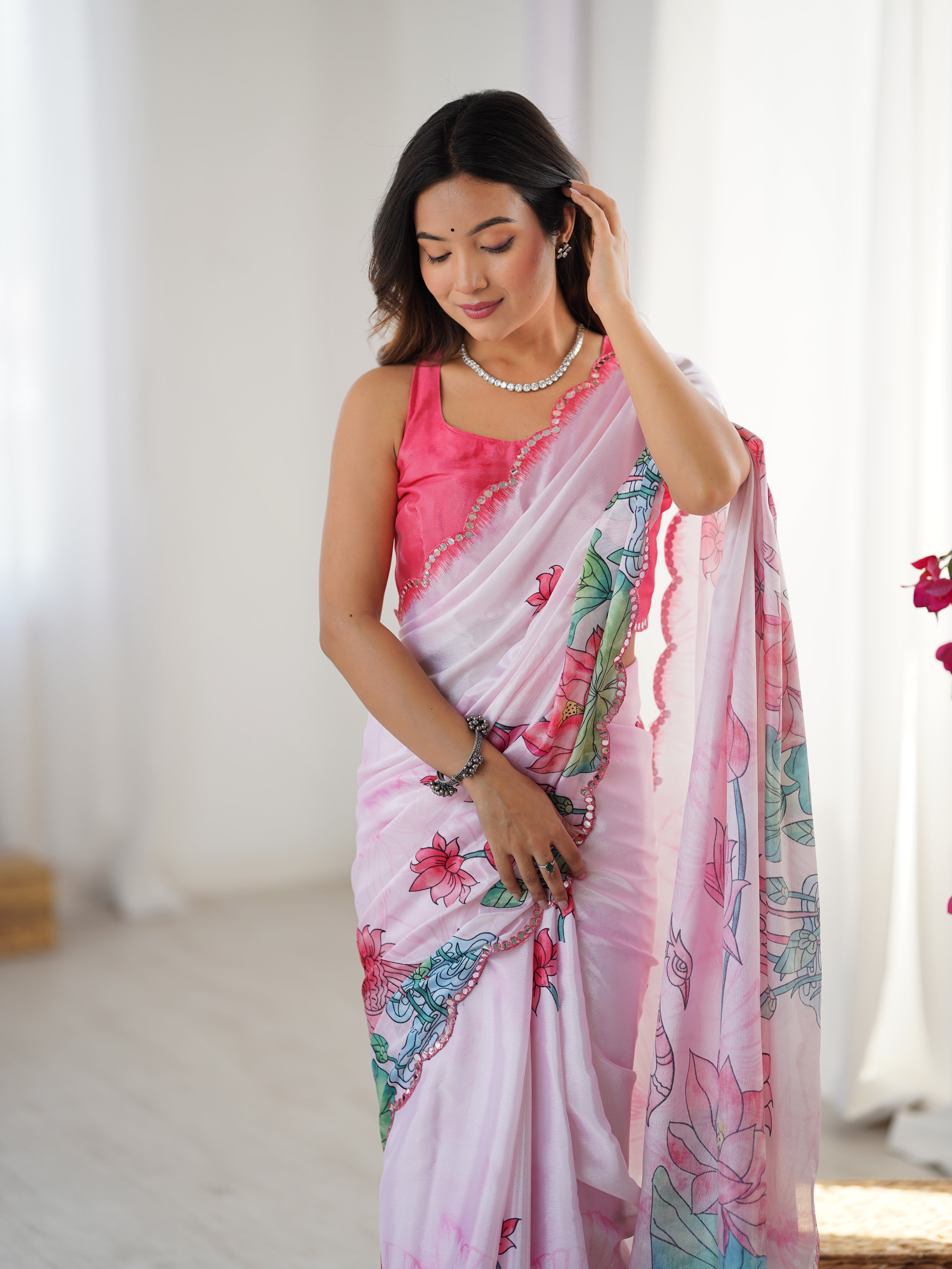 Ivory Sunset Chinon Party Wear Saree | Designer Digital Printed with Mirror Cut Work