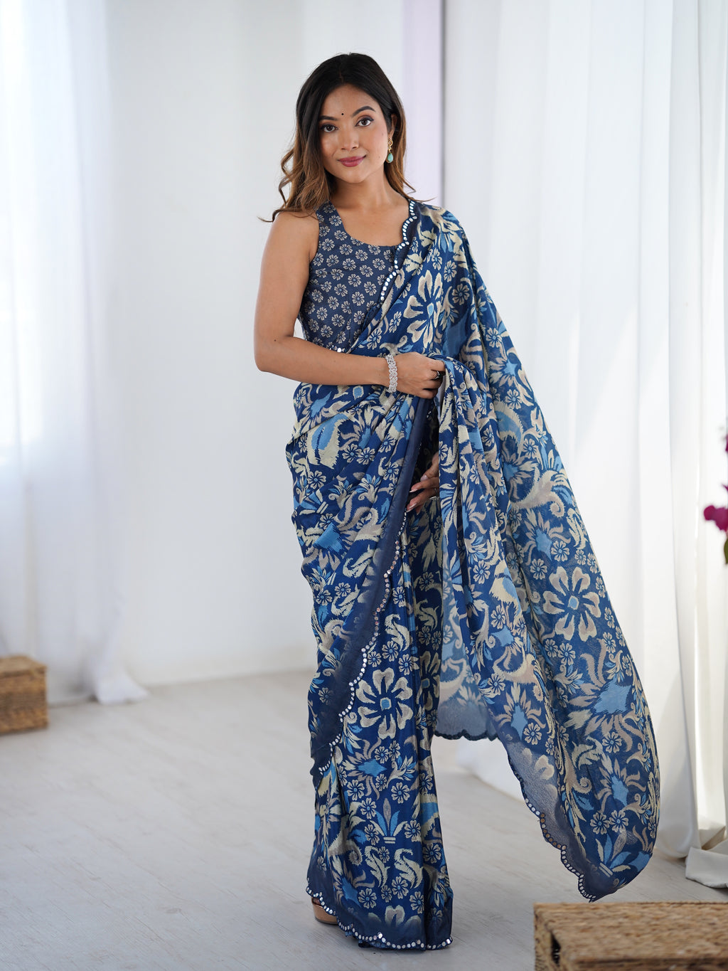 Ocean Breeze Chinon Party Wear Saree | Designer Digital Printed with Mirror Cut Work