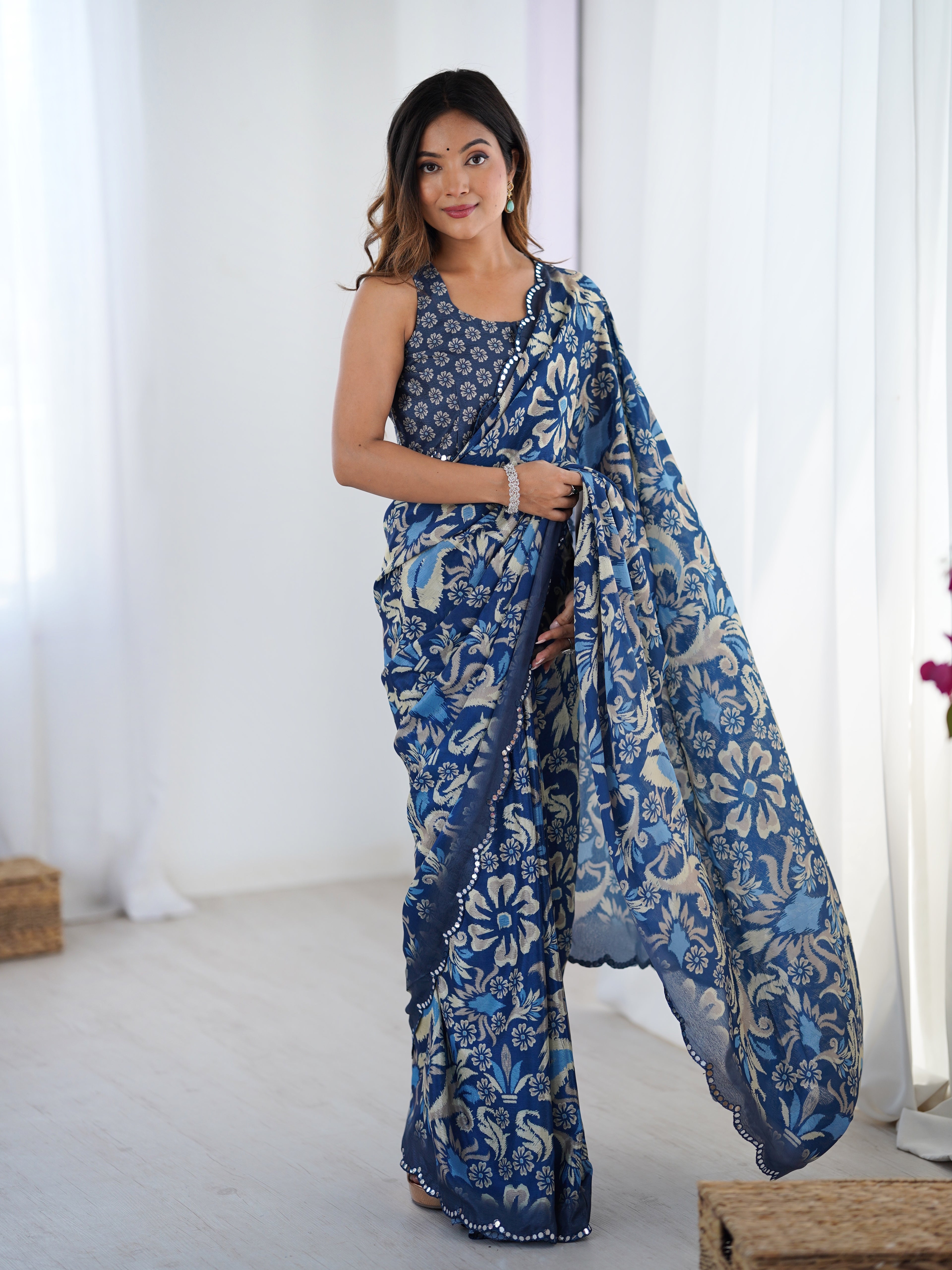 Ocean Breeze Chinon Party Wear Saree | Designer Digital Printed with Mirror Cut Work