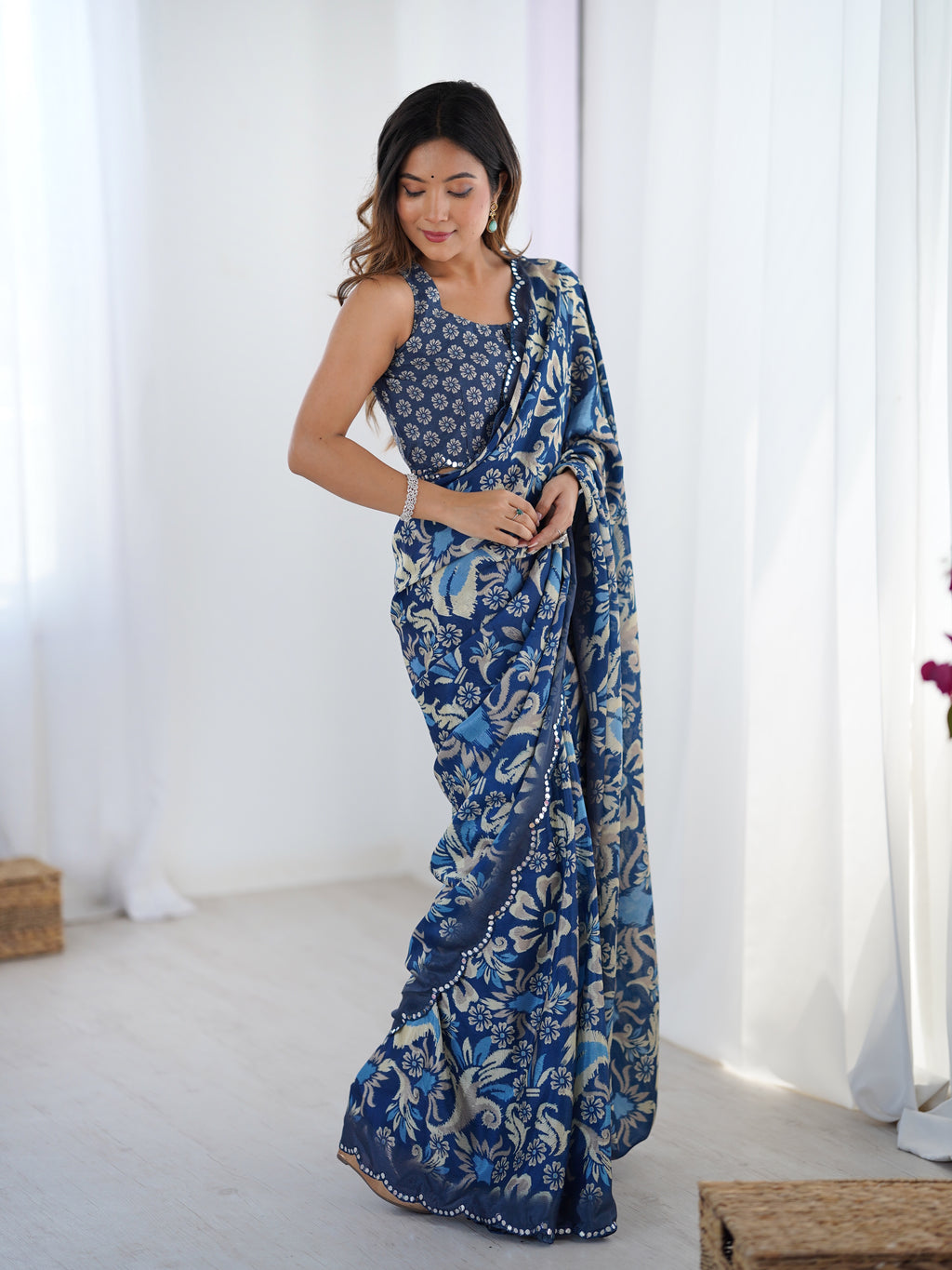 Ocean Breeze Chinon Party Wear Saree | Designer Digital Printed with Mirror Cut Work