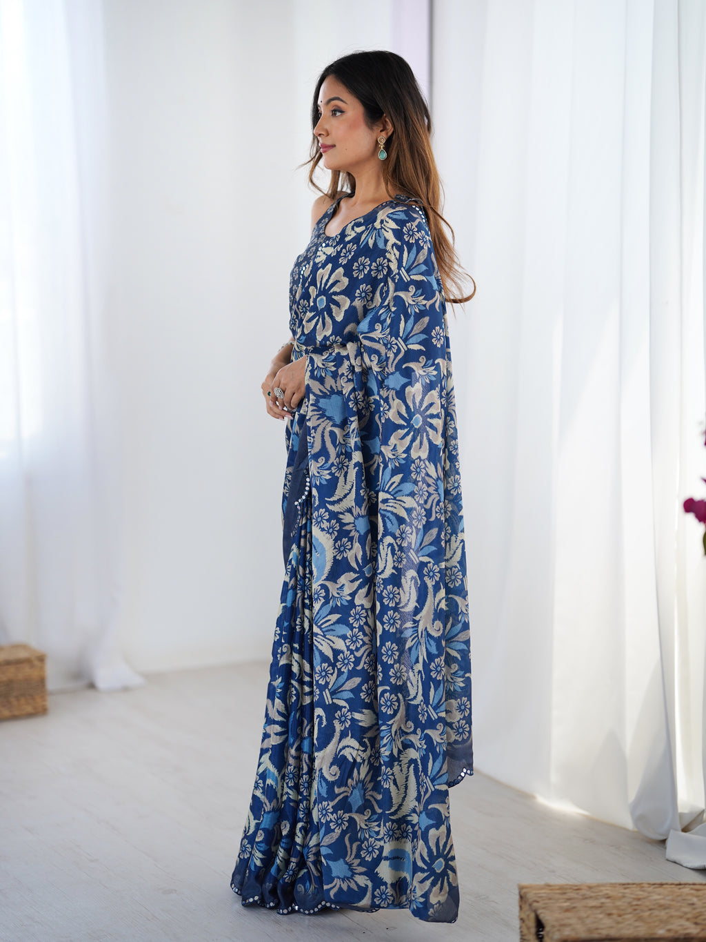 Ocean Breeze Chinon Party Wear Saree | Designer Digital Printed with Mirror Cut Work