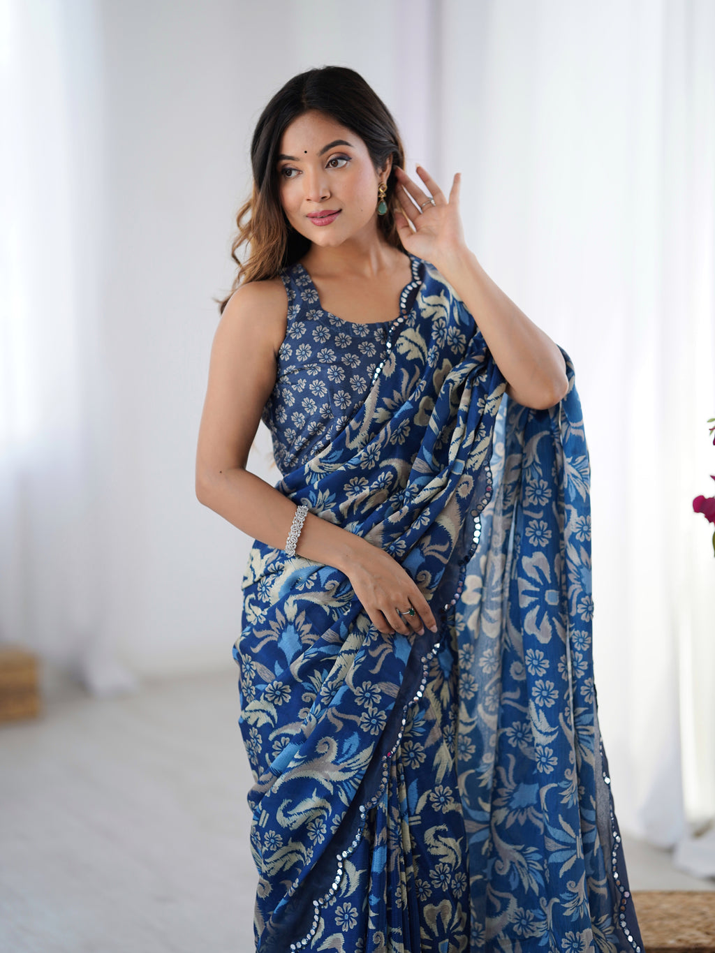 Ocean Breeze Chinon Party Wear Saree | Designer Digital Printed with Mirror Cut Work