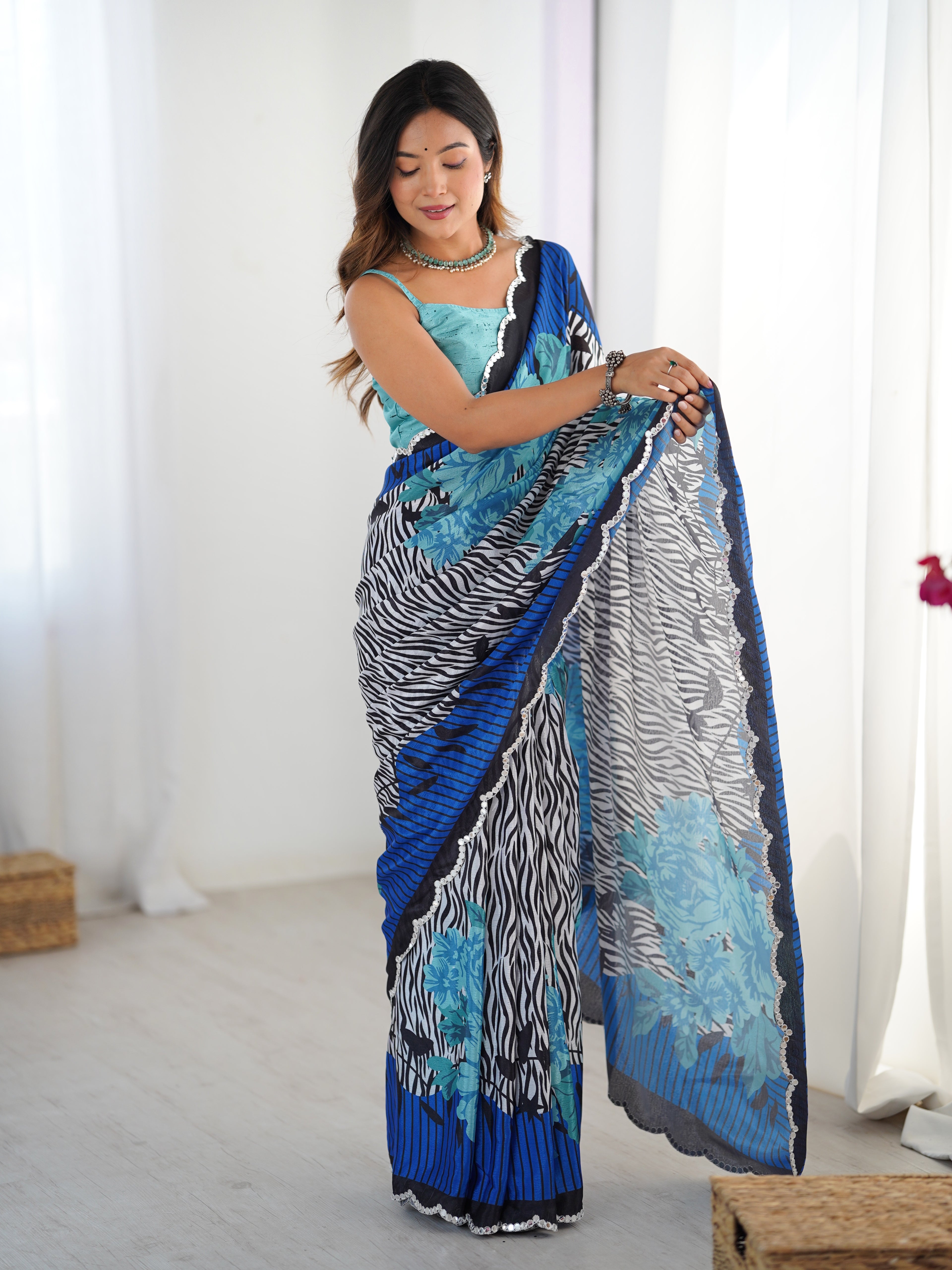 Azure Emerald Chinon Party Wear Saree | Designer Digital Printed with Mirror Cut Work