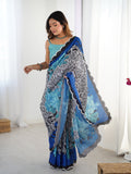 Azure Emerald Chinon Party Wear Saree | Designer Digital Printed with Mirror Cut Work