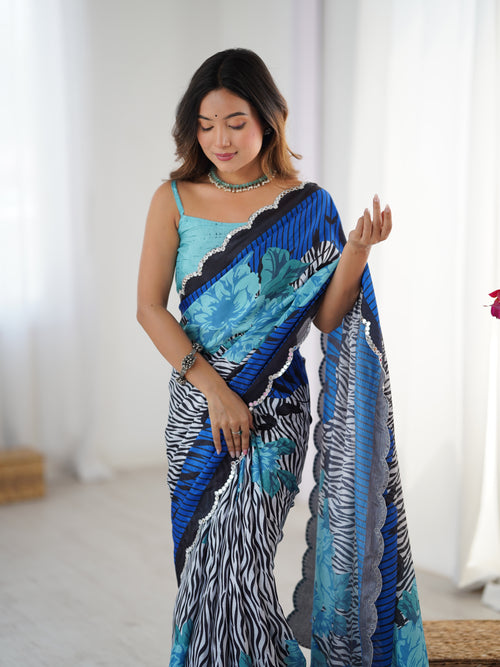 Azure Emerald Chinon Party Wear Saree | Designer Digital Printed with Mirror Cut Work