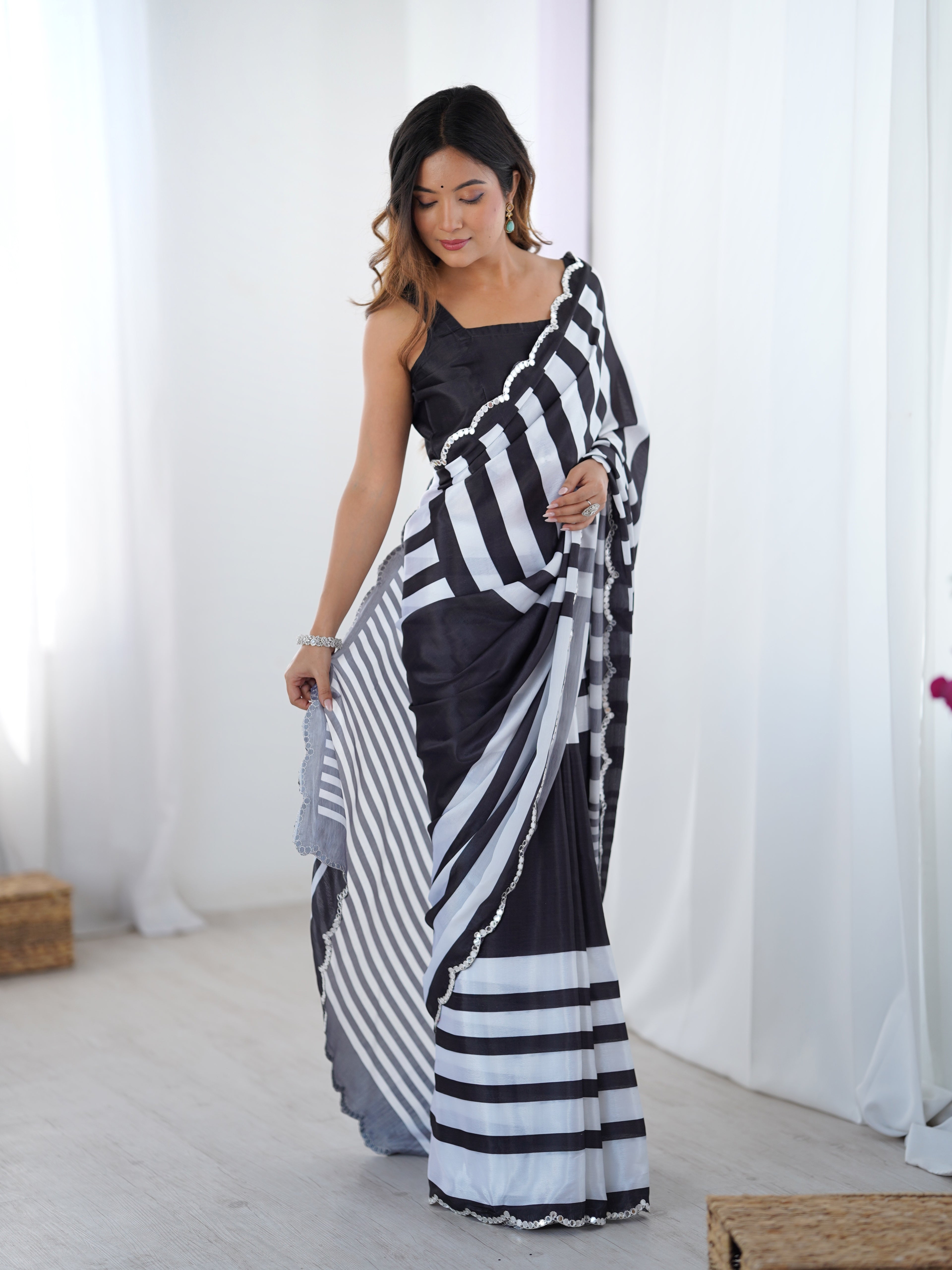 Midnight Majesty Chinon Party Wear Saree | Designer Digital Printed with Mirror Cut Work