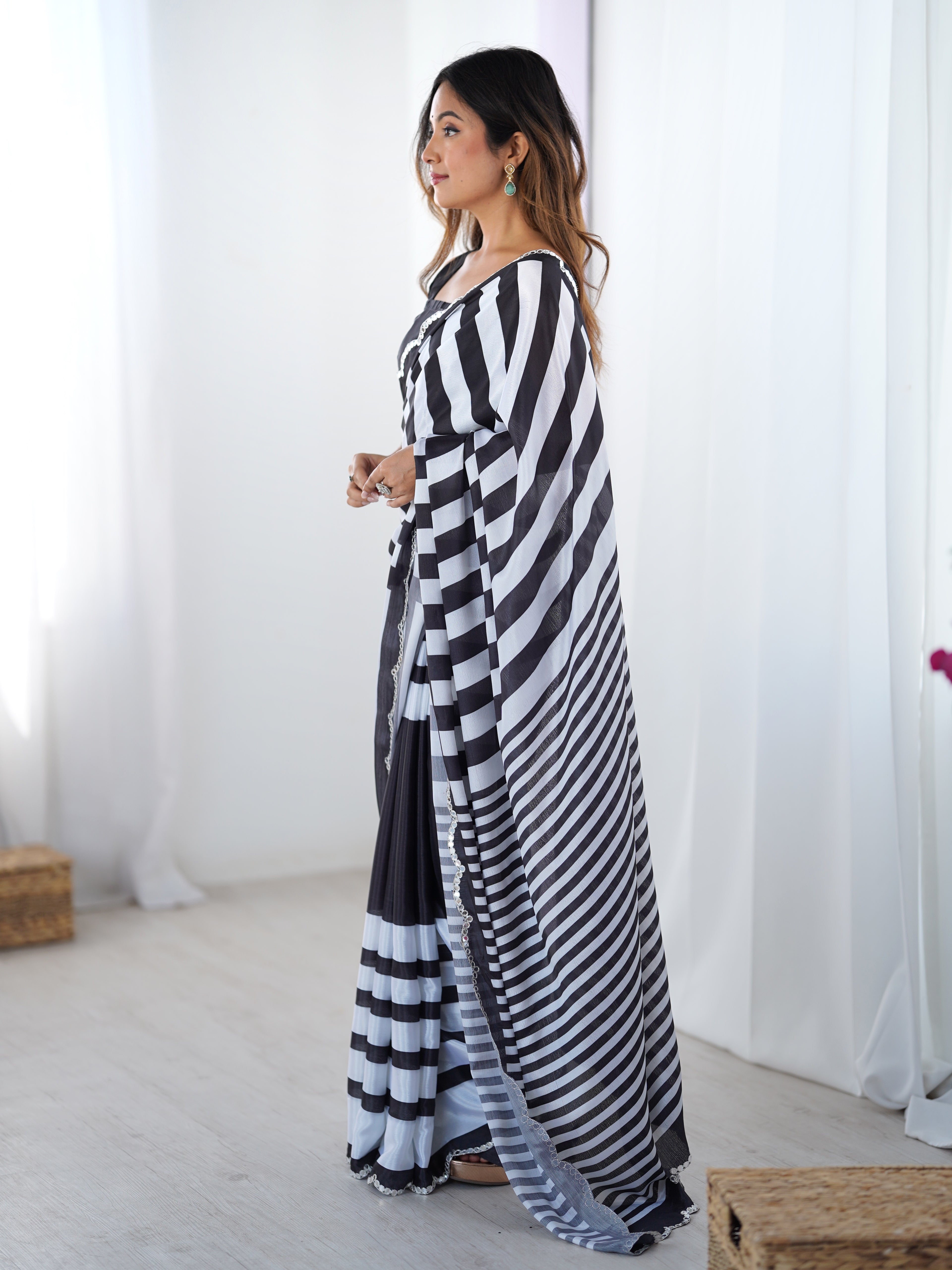 Midnight Majesty Chinon Party Wear Saree | Designer Digital Printed with Mirror Cut Work