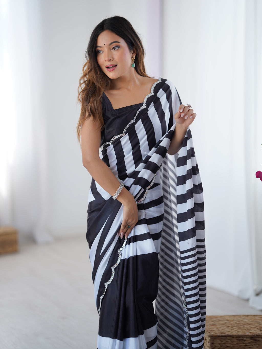 Midnight Majesty Chinon Party Wear Saree | Designer Digital Printed with Mirror Cut Work