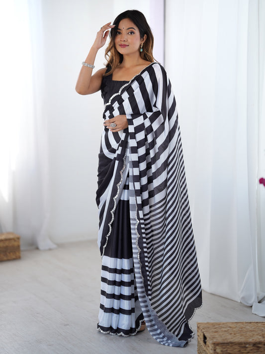 Midnight Majesty Chinon Party Wear Saree | Designer Digital Printed with Mirror Cut Work