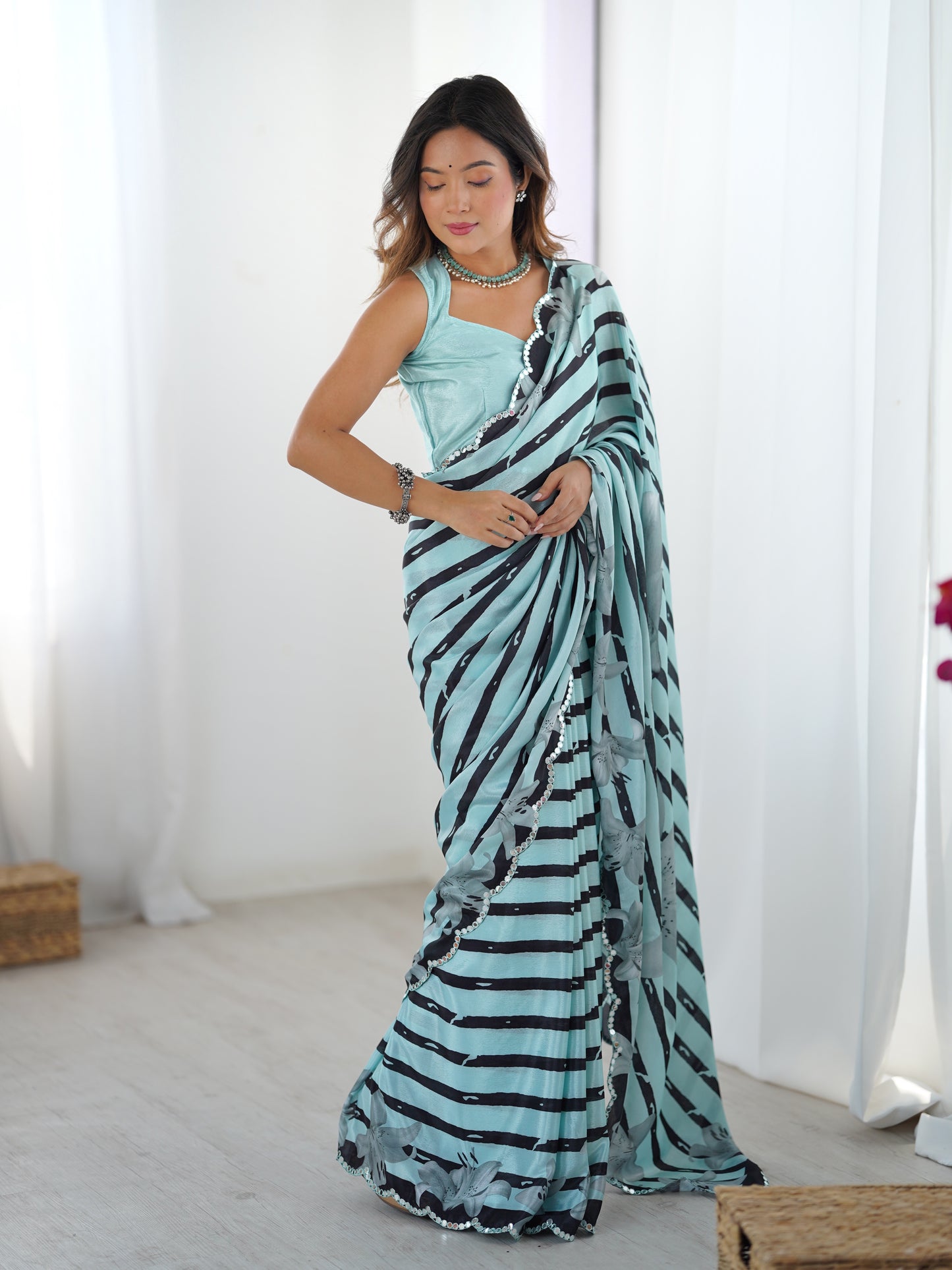 Emerald Sea Chinon Party Wear Saree | Designer Digital Printed with Mirror Cut Work
