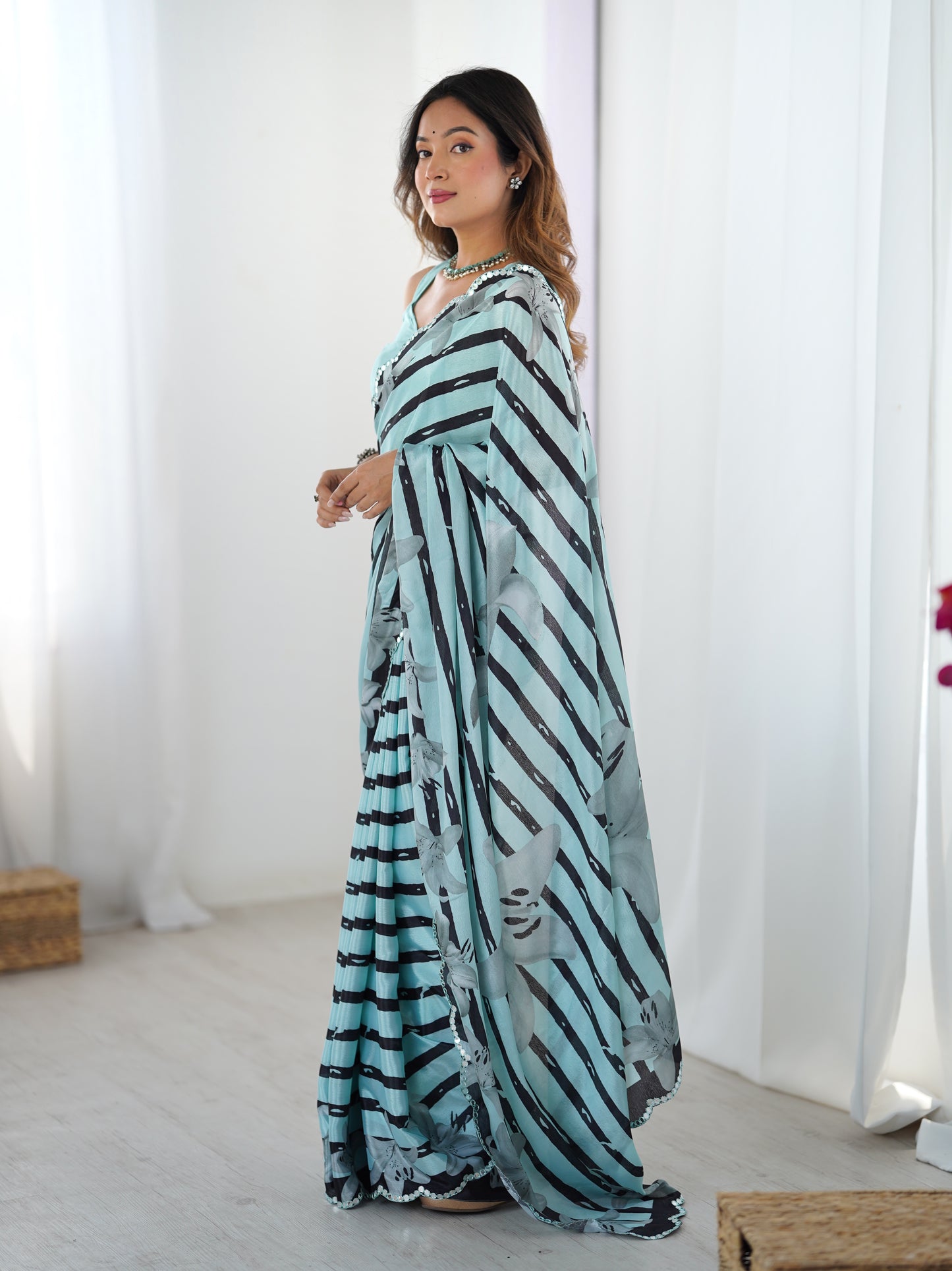Emerald Sea Chinon Party Wear Saree | Designer Digital Printed with Mirror Cut Work