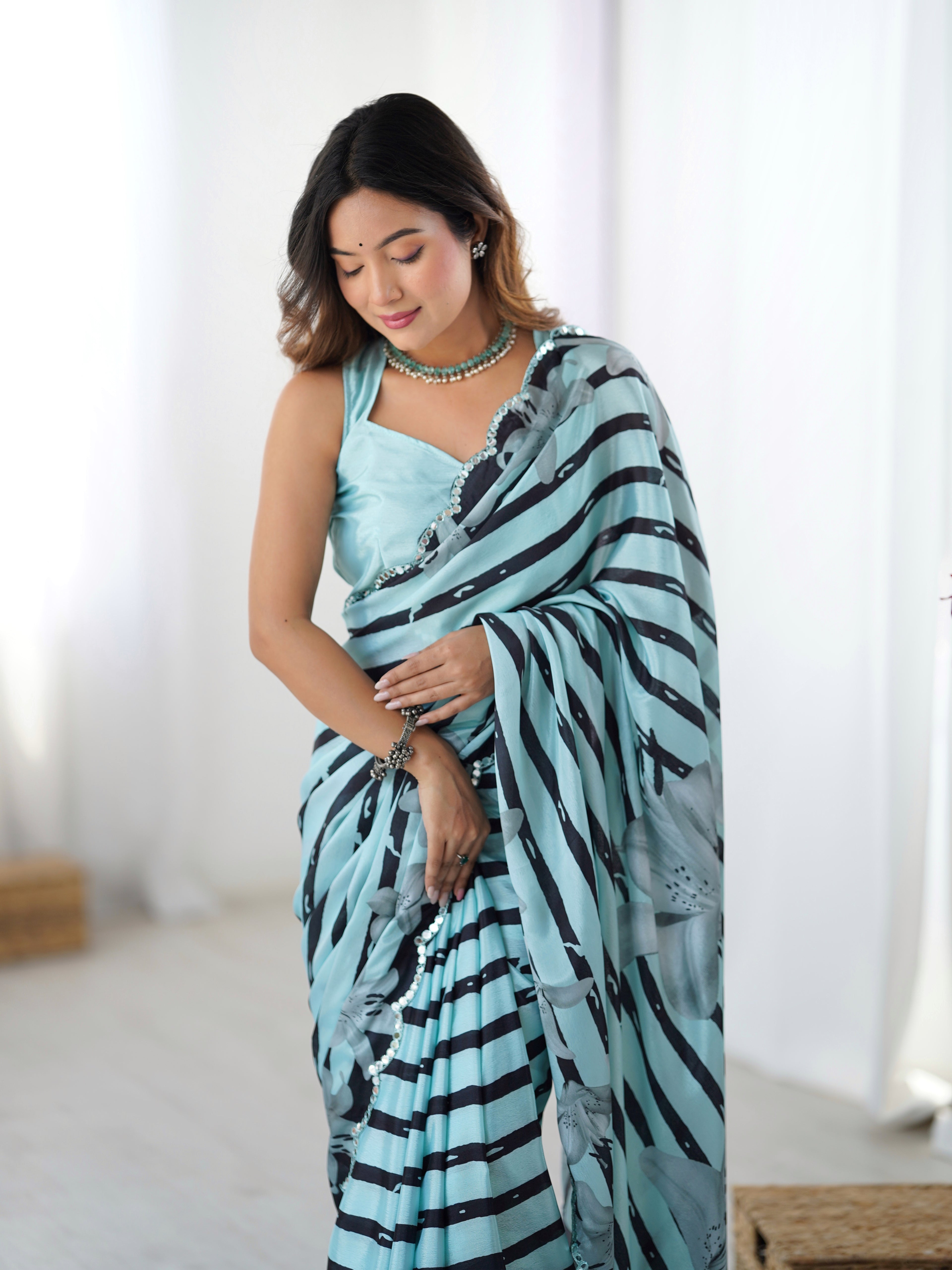 Emerald Sea Chinon Party Wear Saree | Designer Digital Printed with Mirror Cut Work