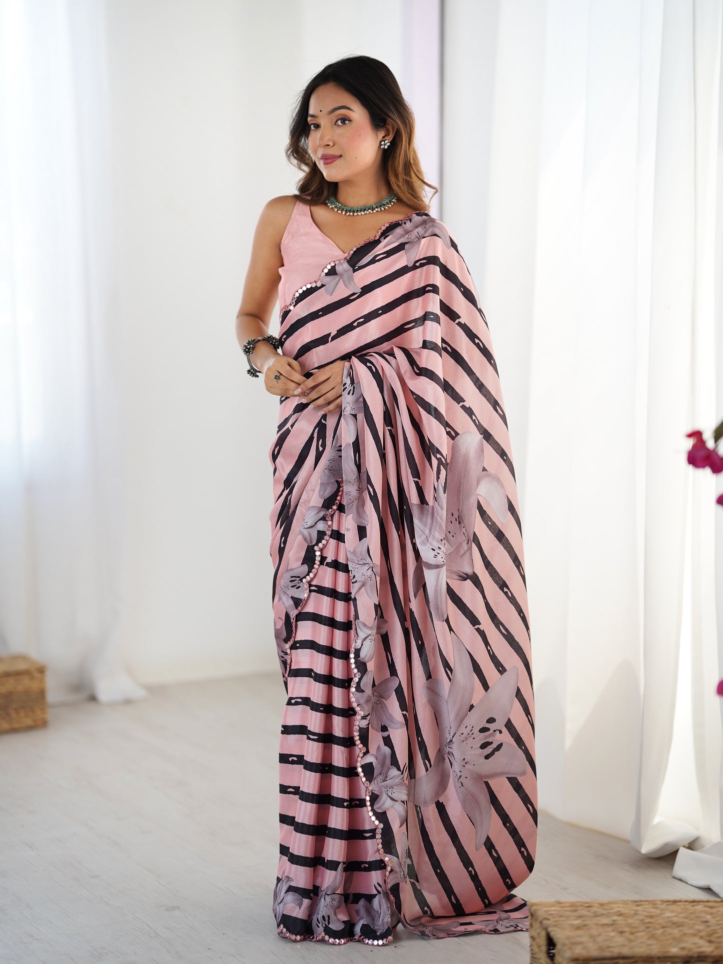 Rose Romance Chinon Party Wear Saree | Designer Digital Printed with Mirror Cut Work