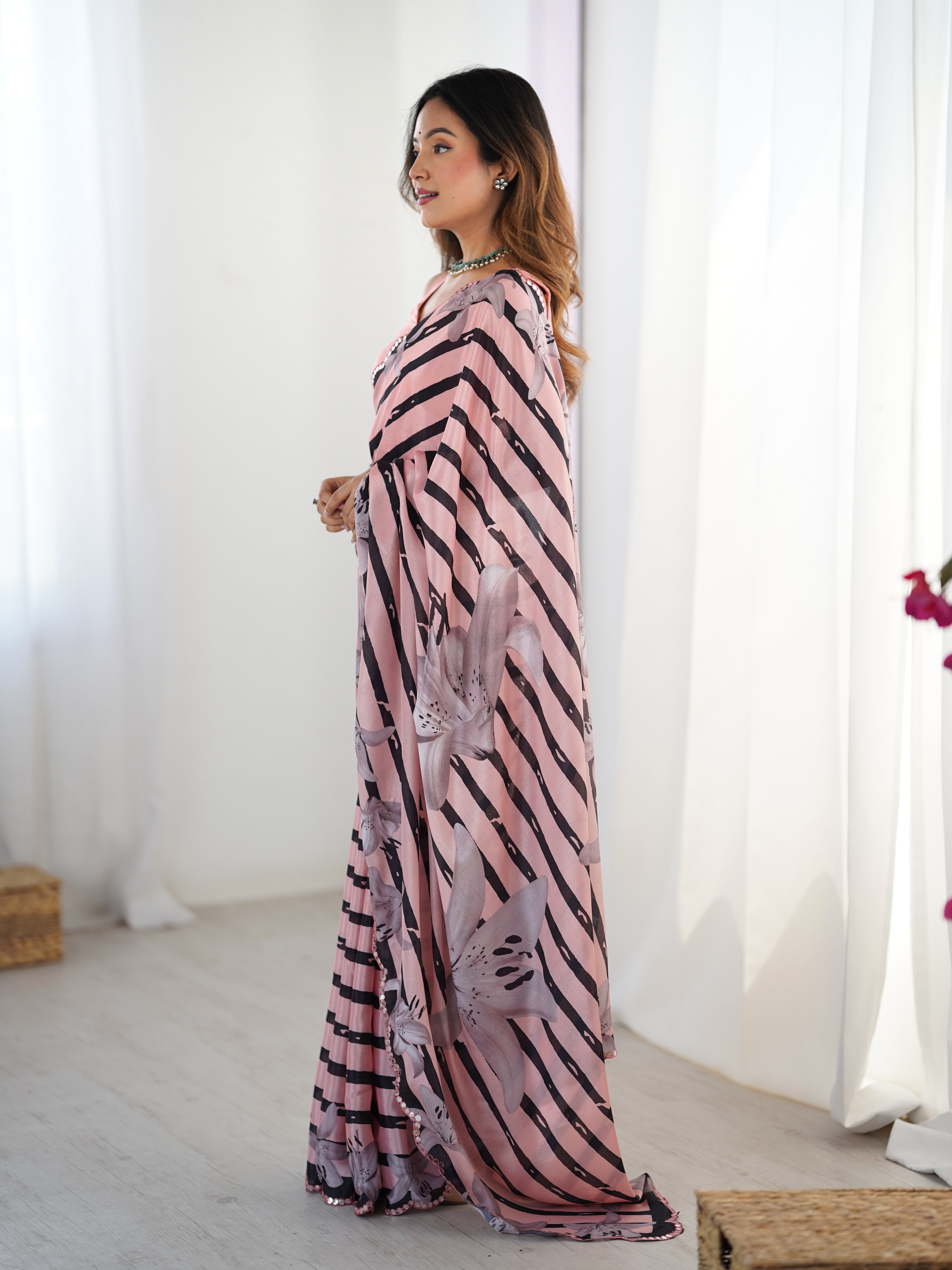 Rose Romance Chinon Party Wear Saree | Designer Digital Printed with Mirror Cut Work