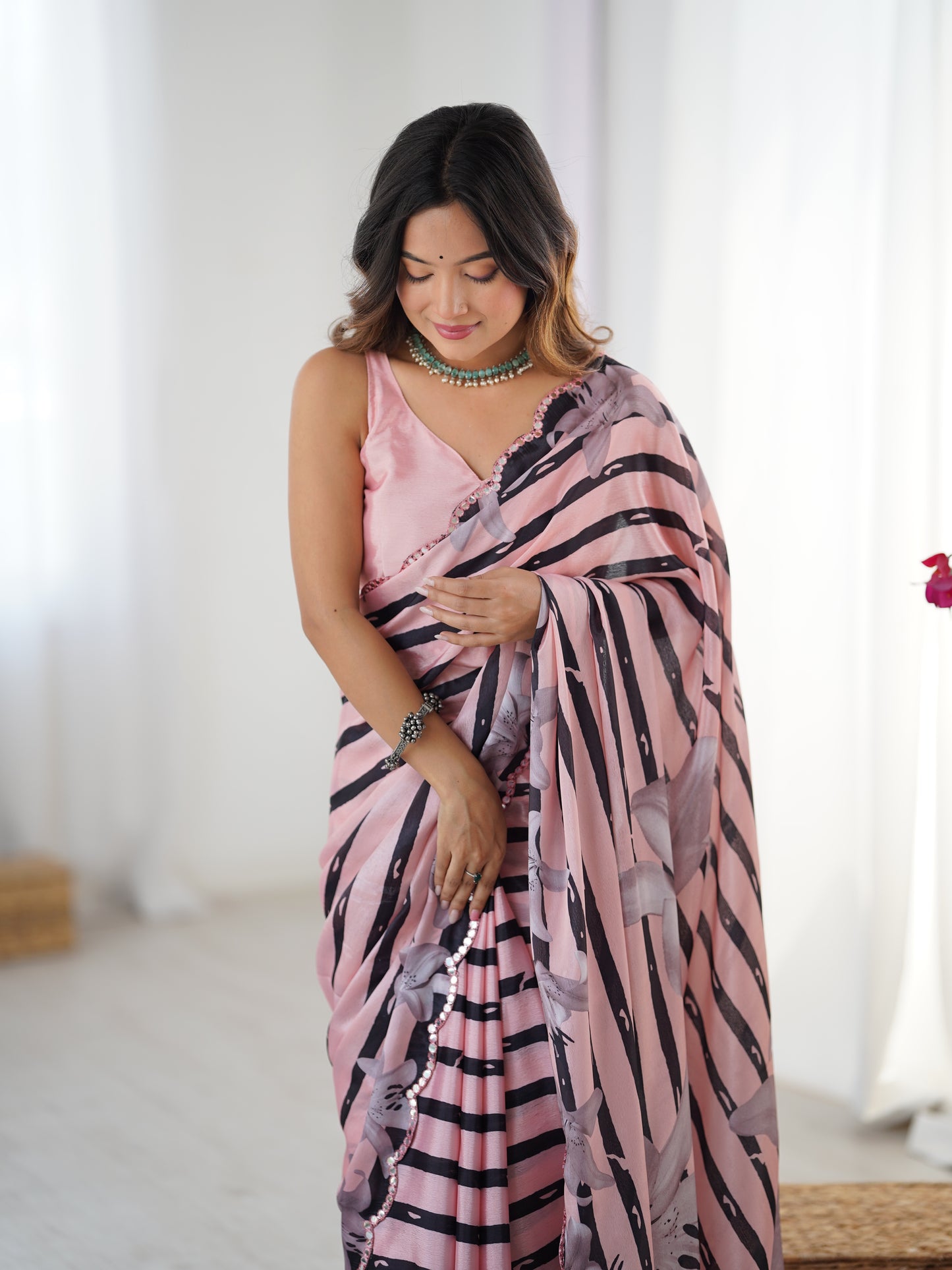 Rose Romance Chinon Party Wear Saree | Designer Digital Printed with Mirror Cut Work