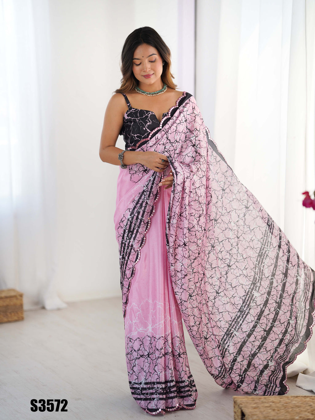 Pink Chinon Digital Printed Saree | Black Blouse with Mirror Cut Work