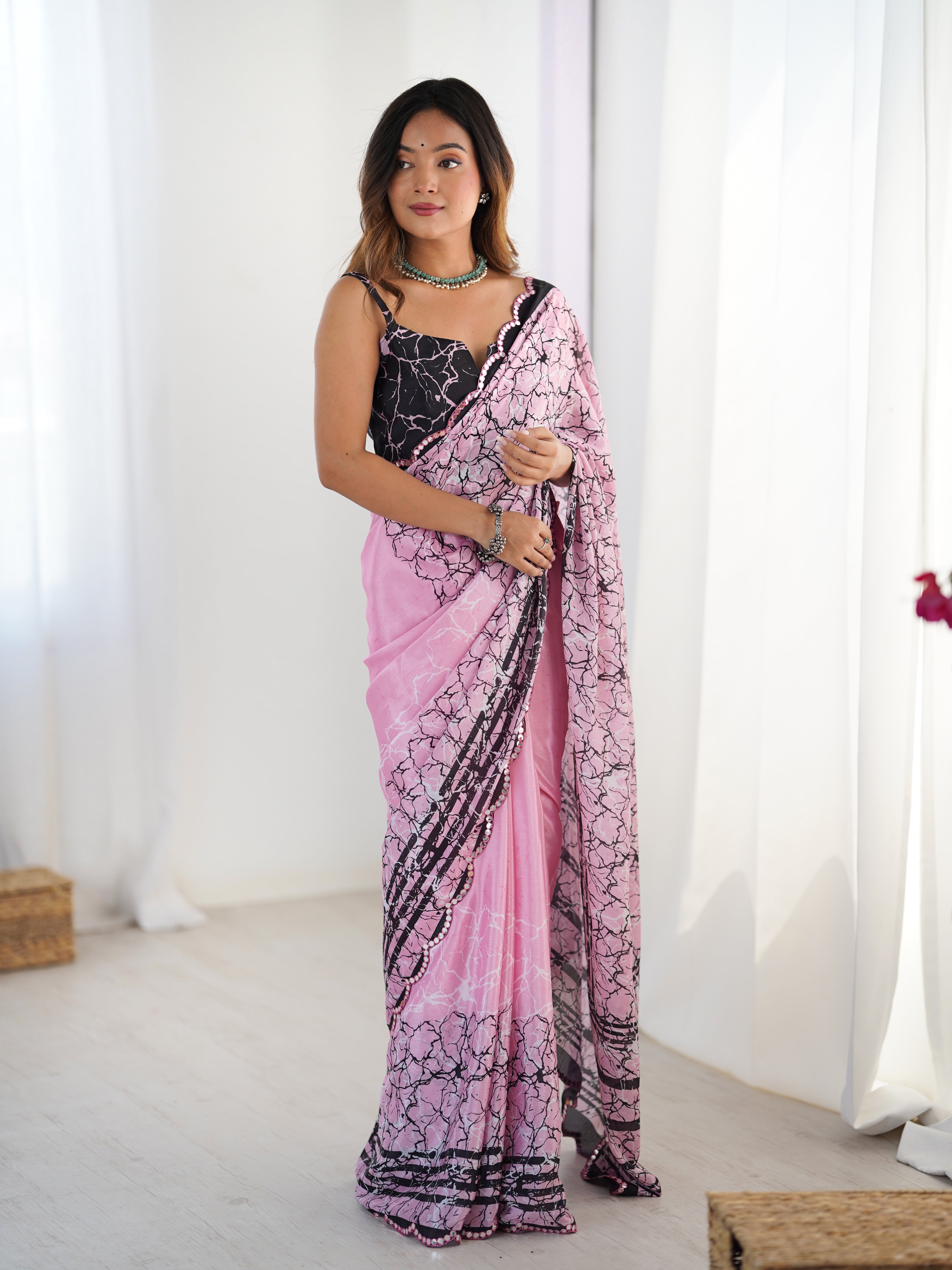 Pink Chinon Digital Printed Saree | Black Blouse with Mirror Cut Work