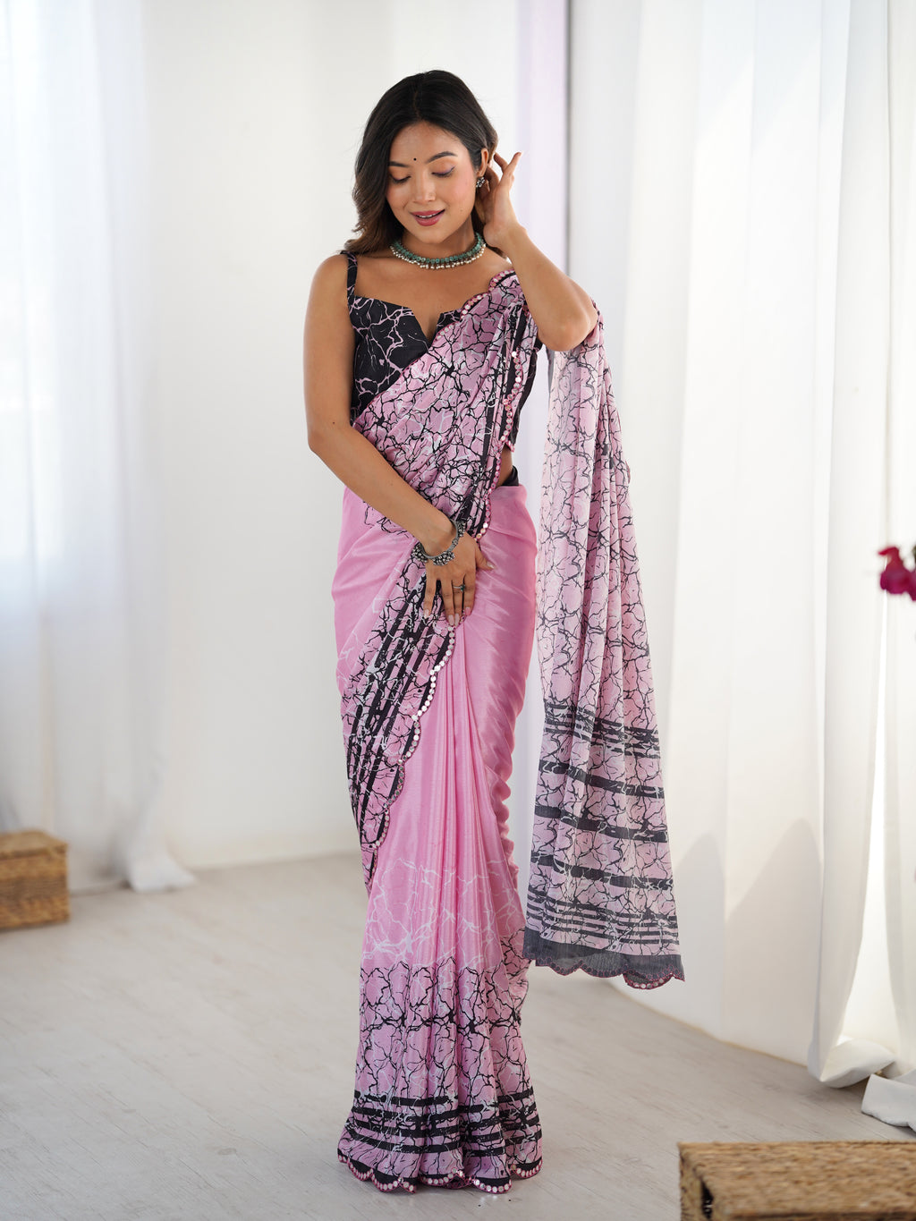 Pink Chinon Digital Printed Saree | Black Blouse with Mirror Cut Work
