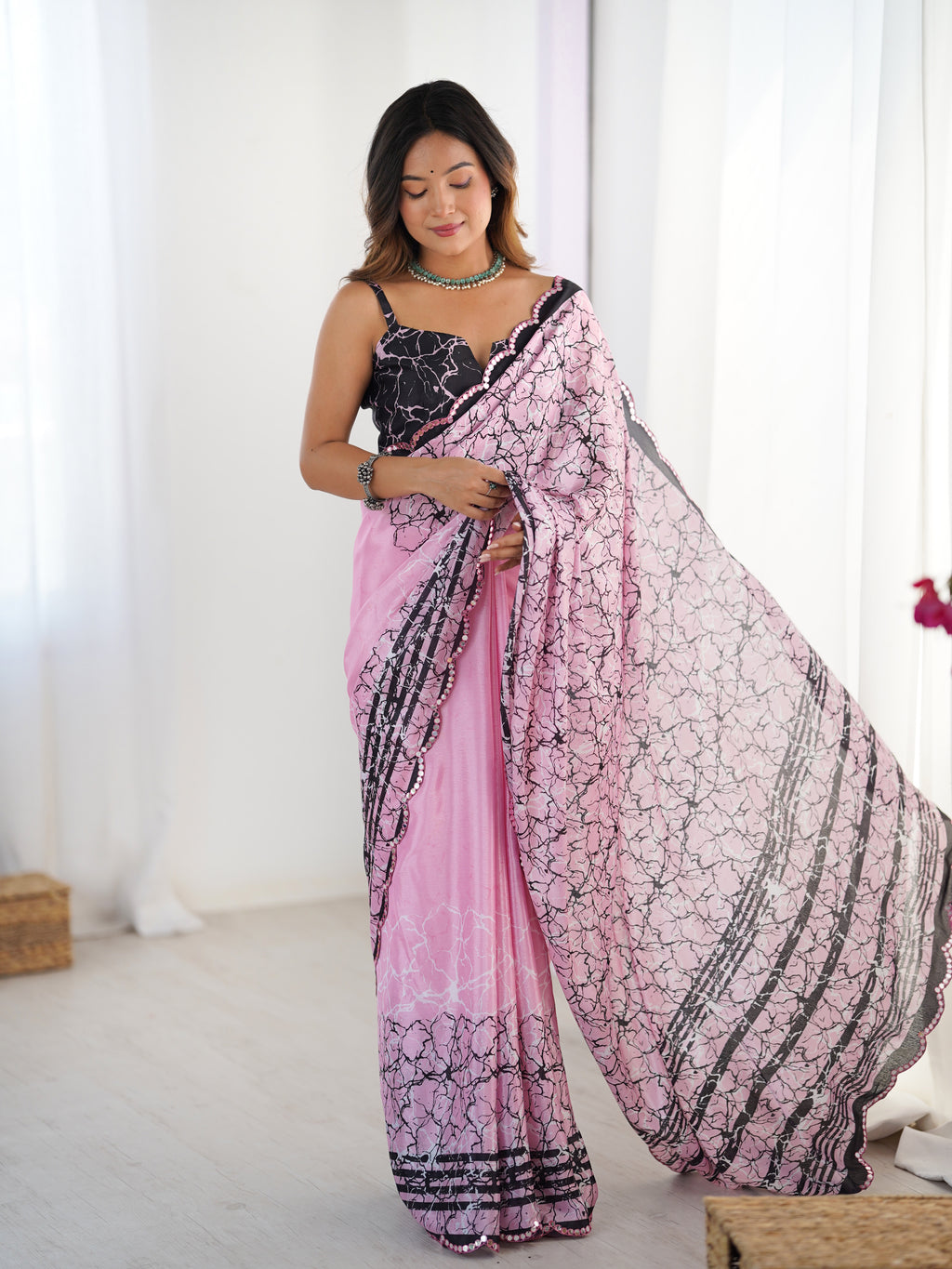 Pink Chinon Digital Printed Saree | Black Blouse with Mirror Cut Work