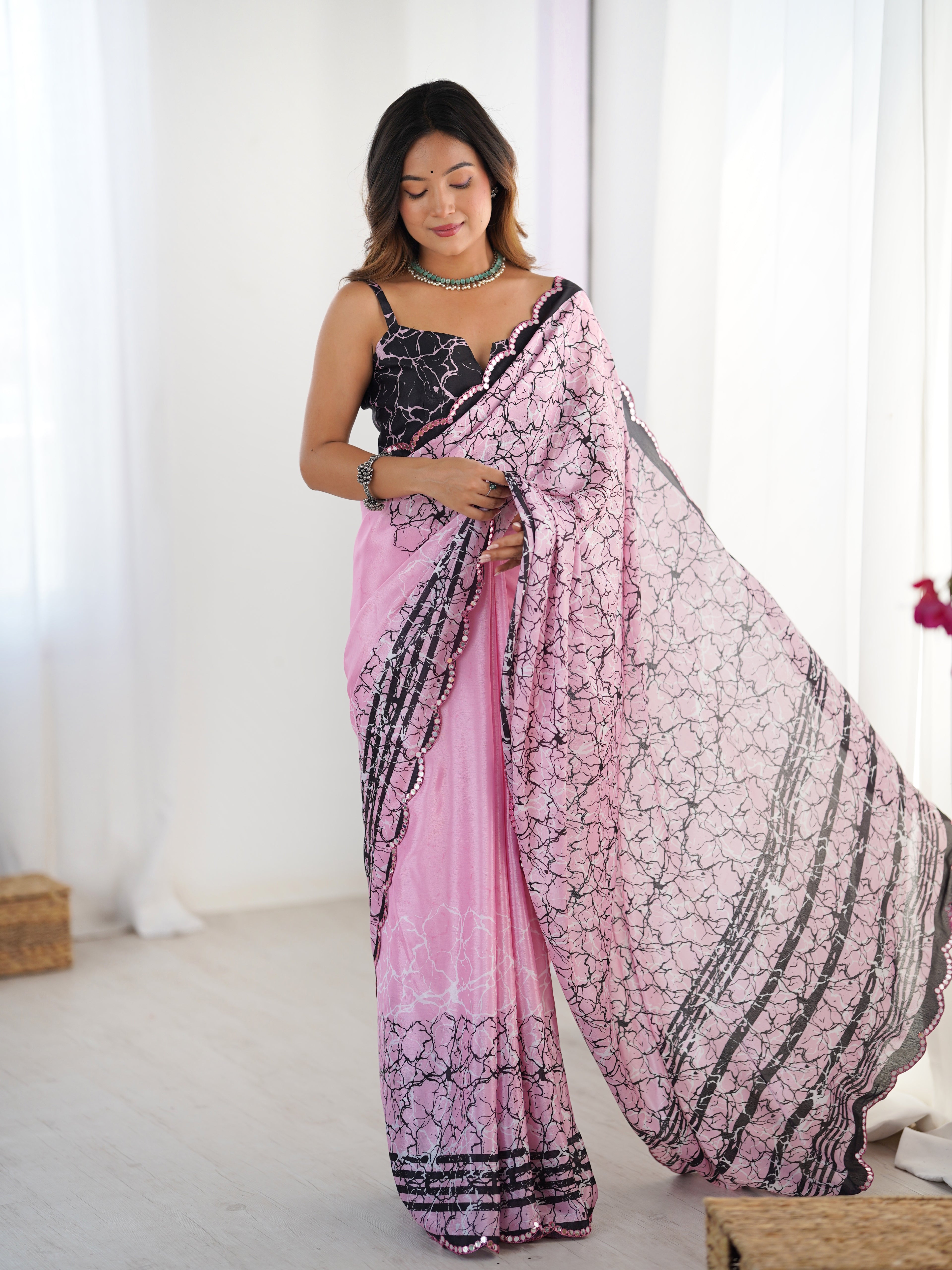 Pink Chinon Digital Printed Saree | Black Blouse with Mirror Cut Work