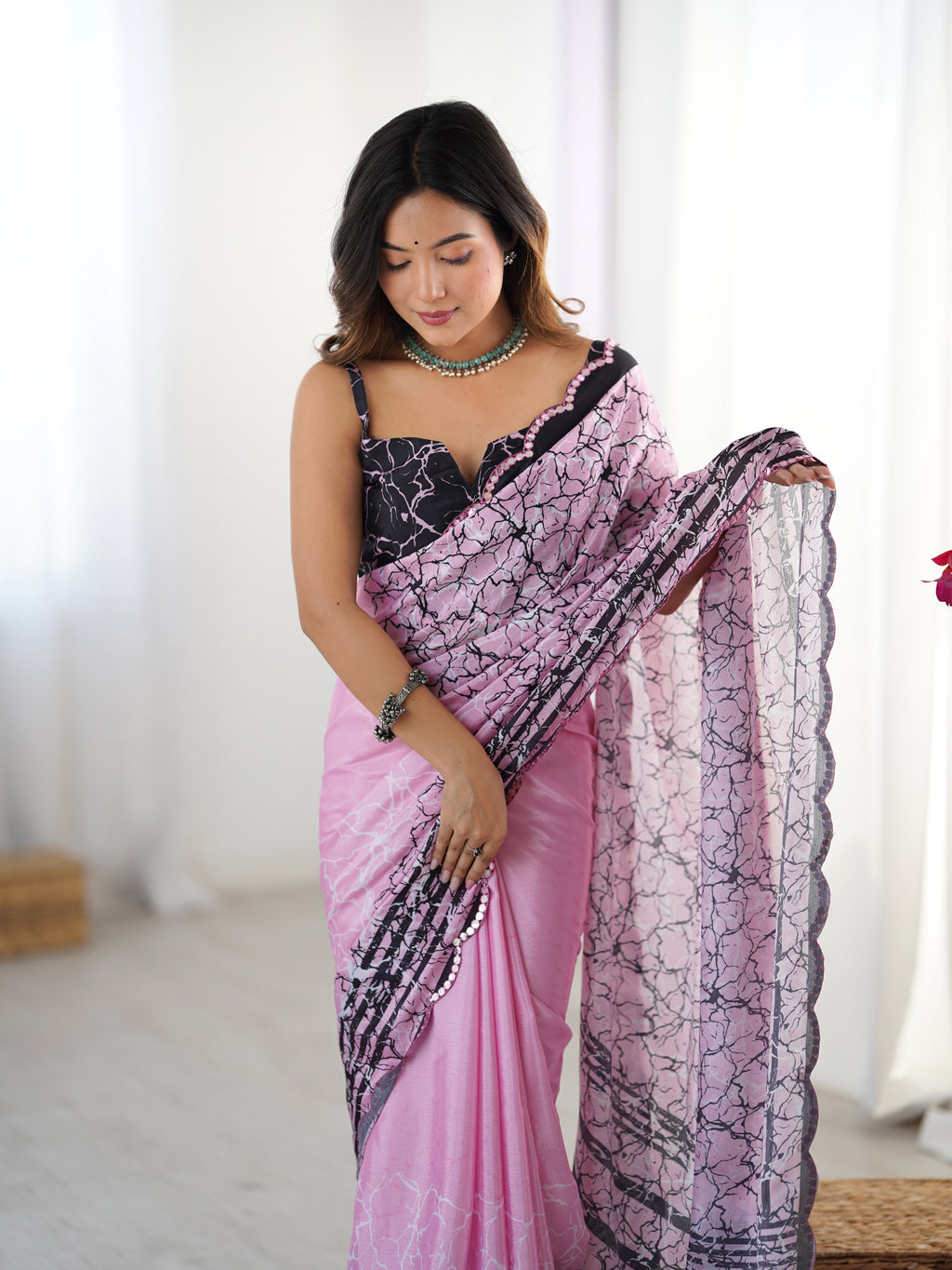 Pink Chinon Digital Printed Saree | Black Blouse with Mirror Cut Work