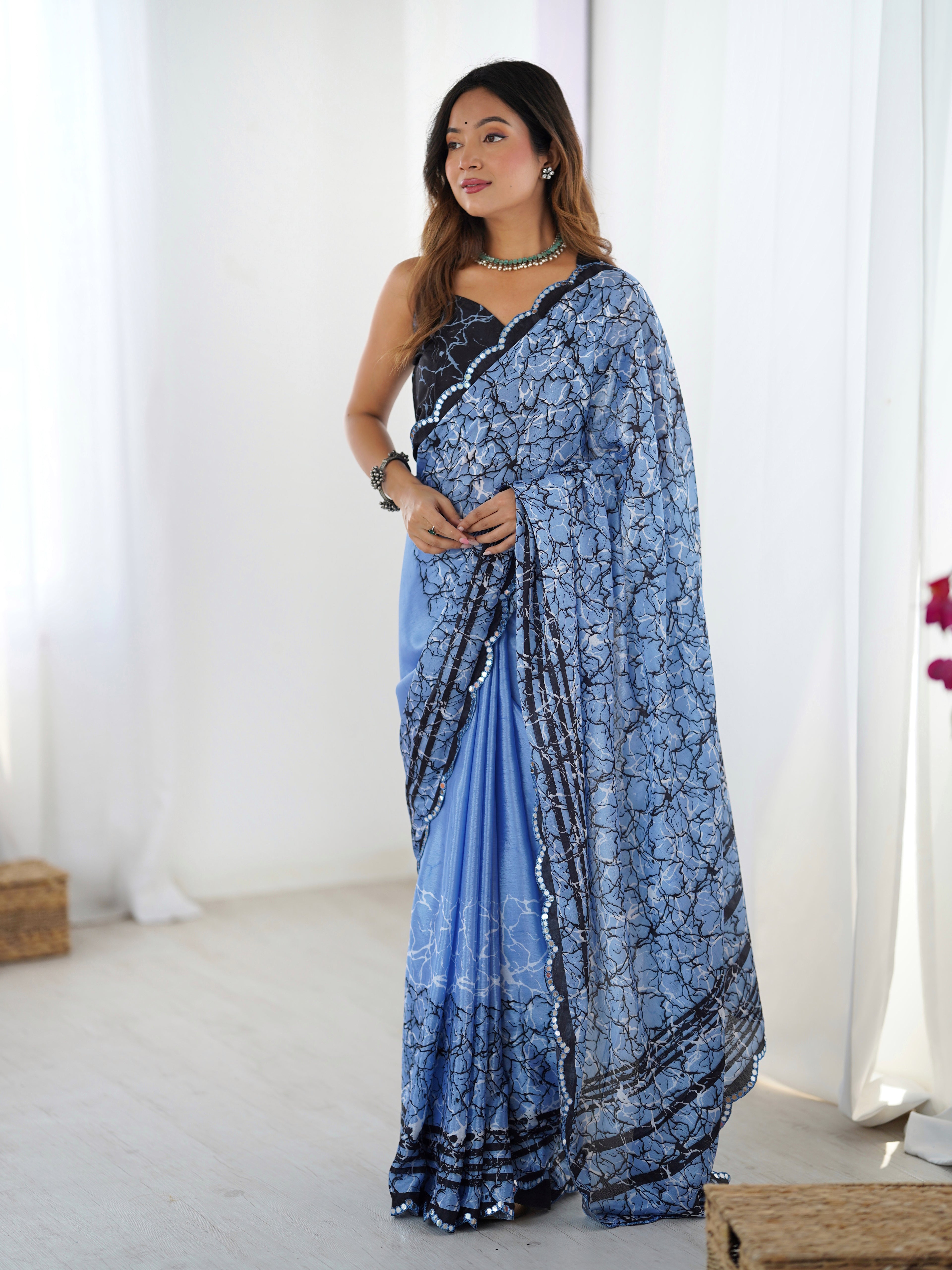 Blue Chinon Digital Printed Saree | Black Blouse with Mirror Cut Work
