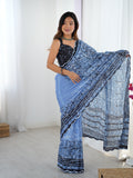 Blue Chinon Digital Printed Saree | Black Blouse with Mirror Cut Work