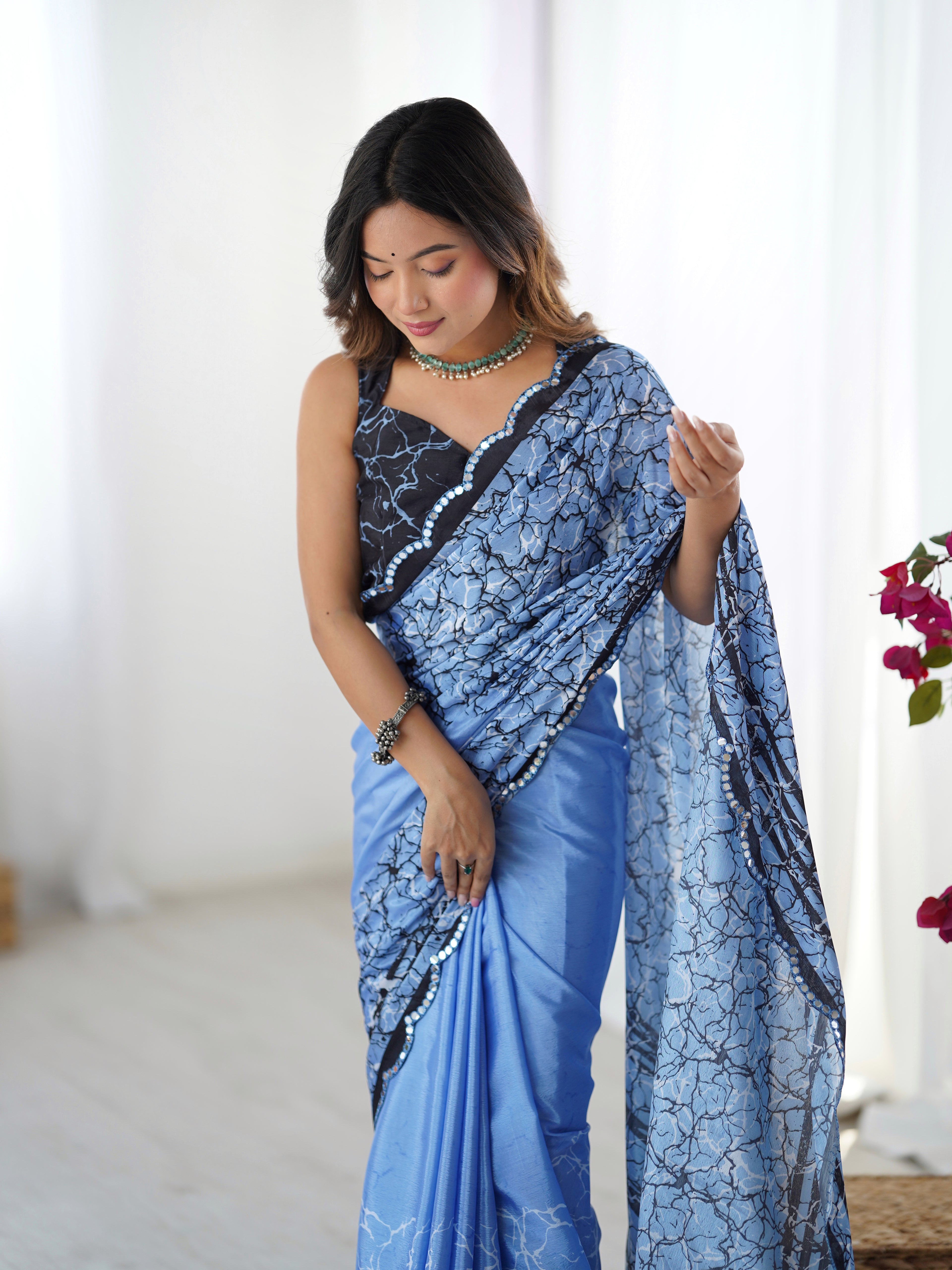 Blue Chinon Digital Printed Saree | Black Blouse with Mirror Cut Work