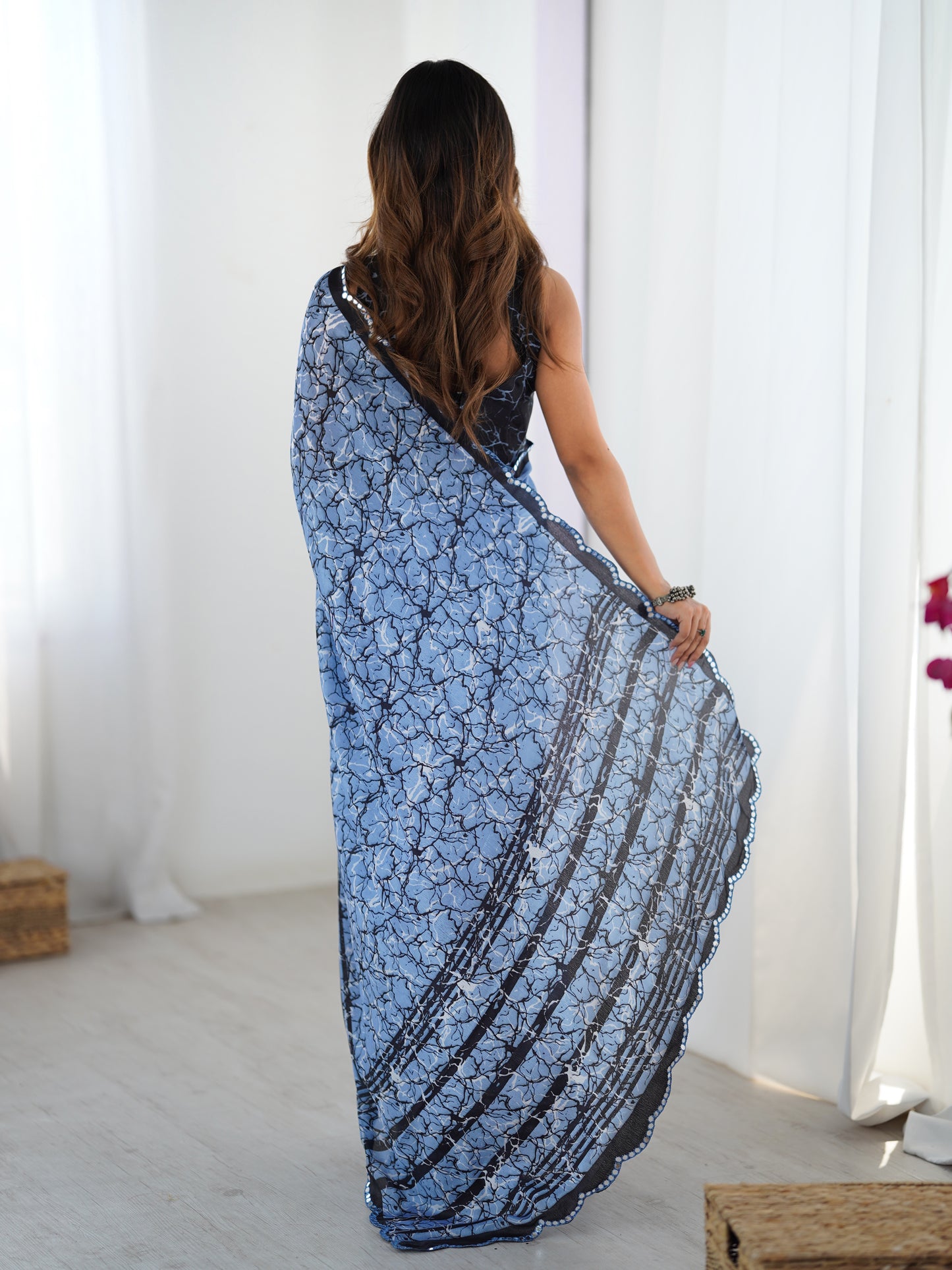 Blue Chinon Digital Printed Saree | Black Blouse with Mirror Cut Work