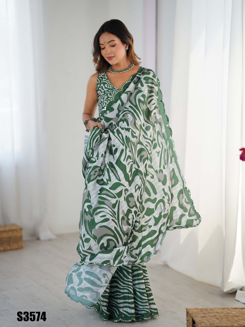 Green Chinon Digital Printed Saree | Matching Green Blouse with Mirror Cut Work