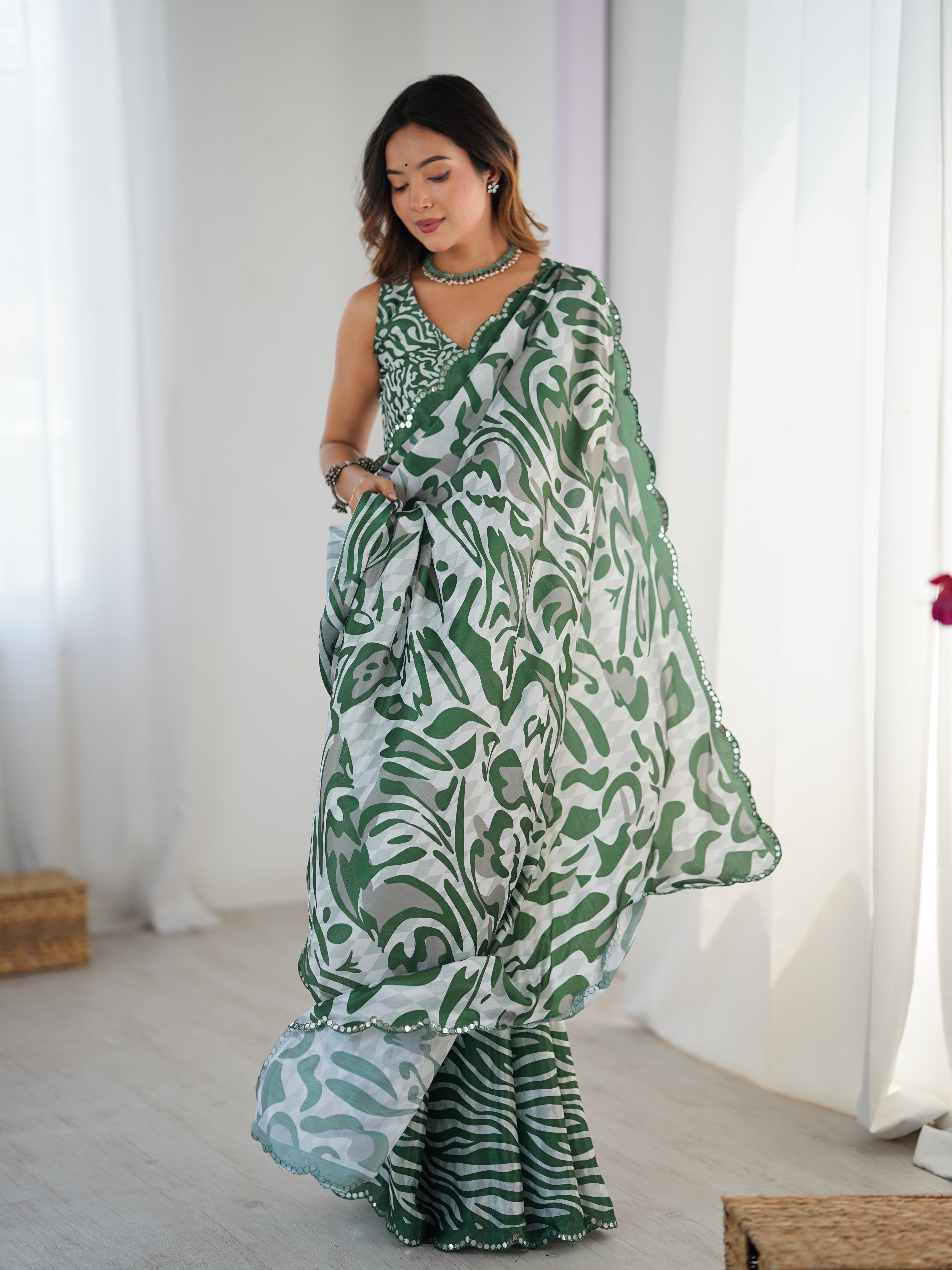 Green Chinon Digital Printed Saree | Matching Green Blouse with Mirror Cut Work