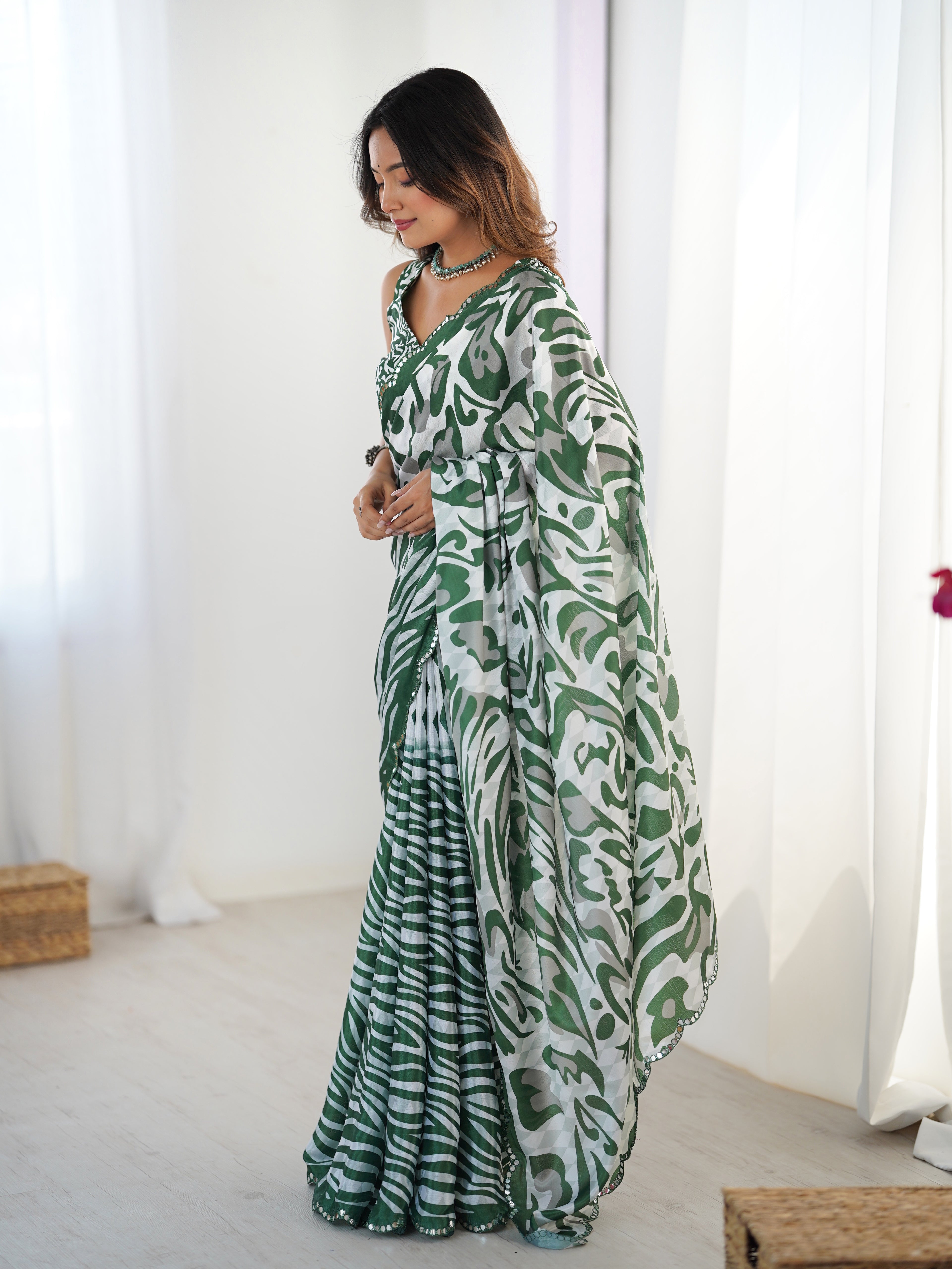 Green Chinon Digital Printed Saree | Matching Green Blouse with Mirror Cut Work
