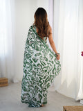 Green Chinon Digital Printed Saree | Matching Green Blouse with Mirror Cut Work