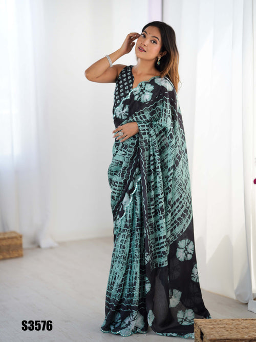 Black Chinon Digital Printed Saree | Matching Black Blouse with Mirror Cut Work