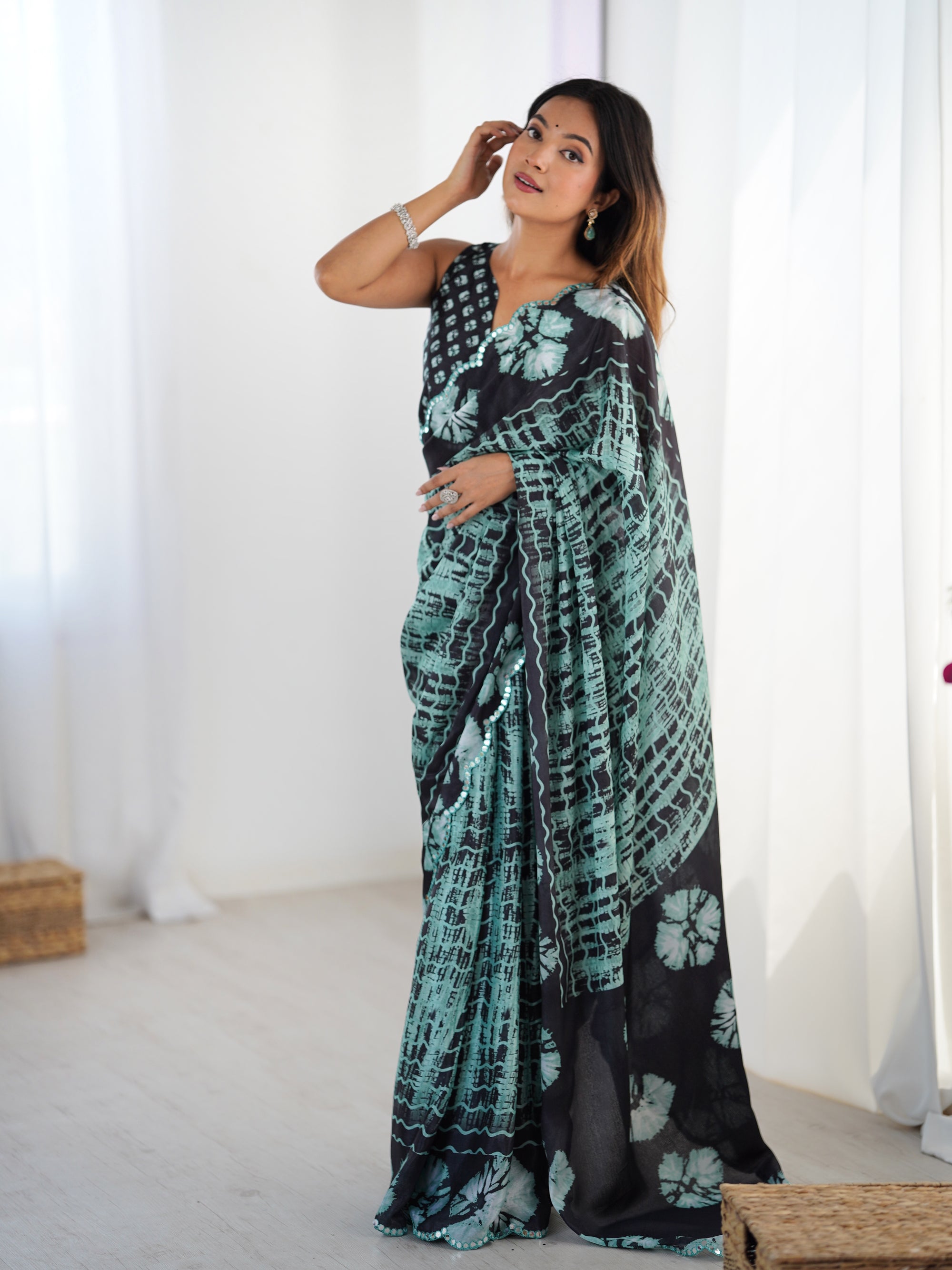 Black Chinon Digital Printed Saree | Matching Black Blouse with Mirror Cut Work