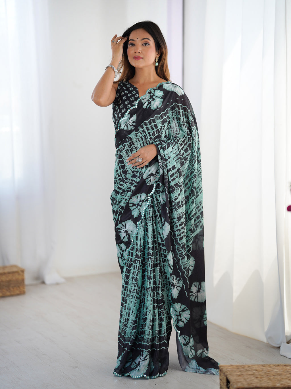 Black Chinon Digital Printed Saree | Matching Black Blouse with Mirror Cut Work
