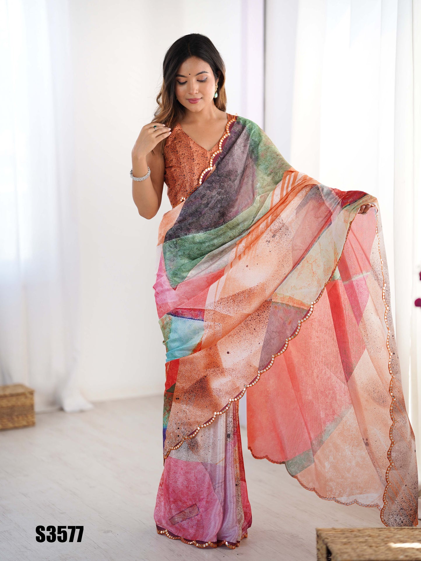 Classic Black Chinon Digital Printed Saree | Coordinating Black Blouse with Mirror Cut Work