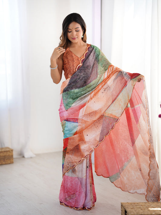 Classic Black Chinon Digital Printed Saree | Coordinating Black Blouse with Mirror Cut Work