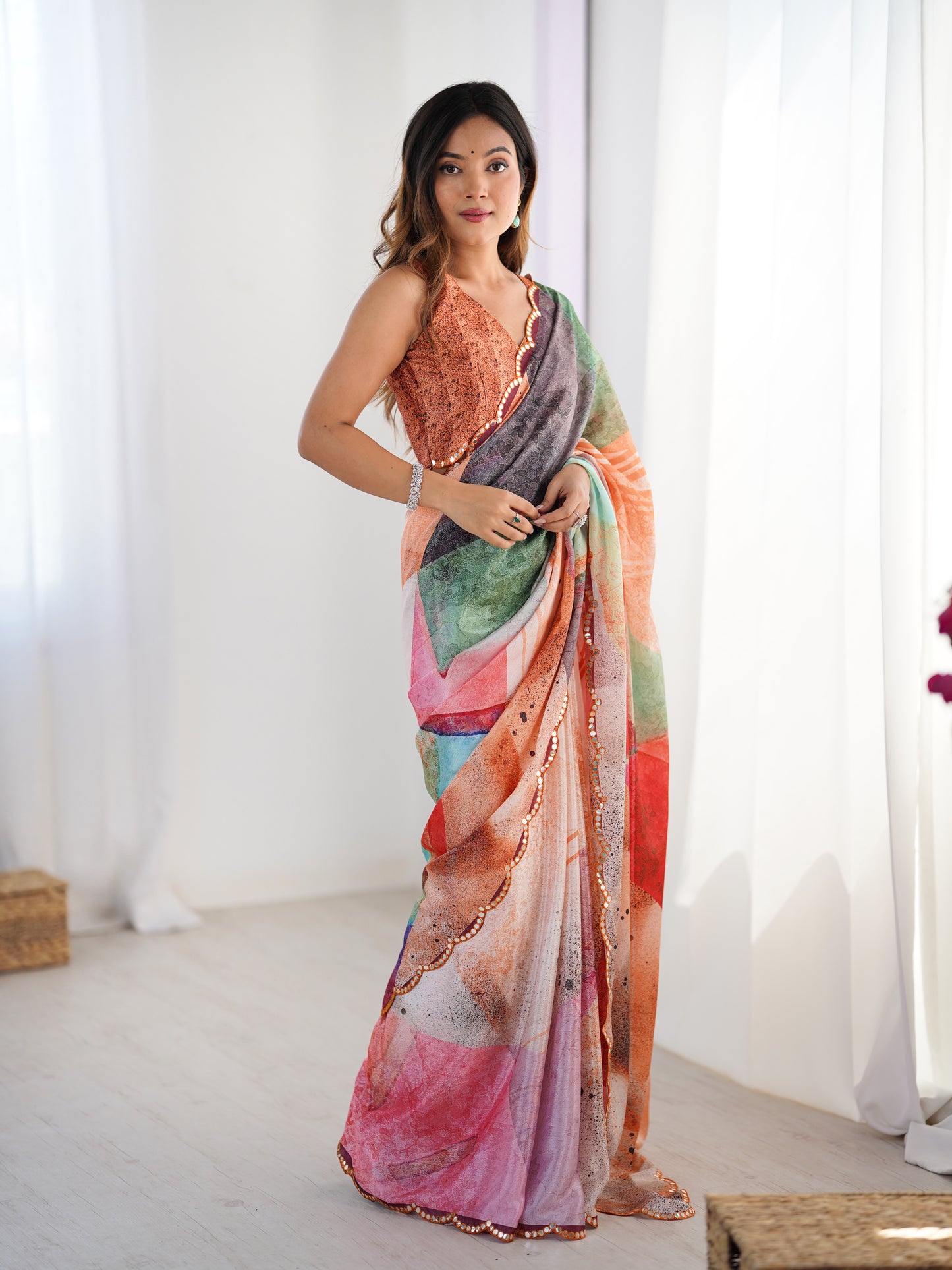 Classic Black Chinon Digital Printed Saree | Coordinating Black Blouse with Mirror Cut Work