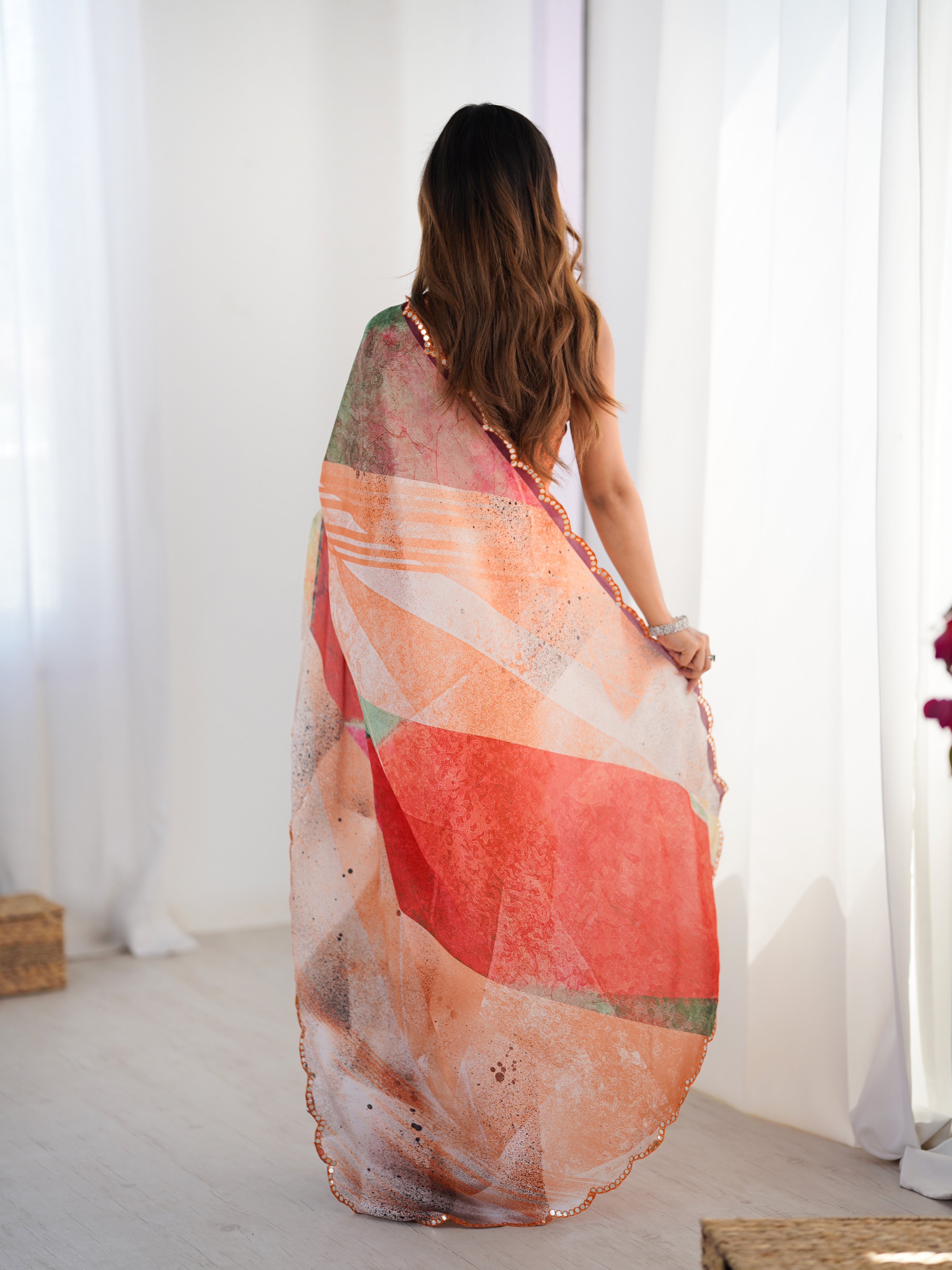 Classic Black Chinon Digital Printed Saree | Coordinating Black Blouse with Mirror Cut Work